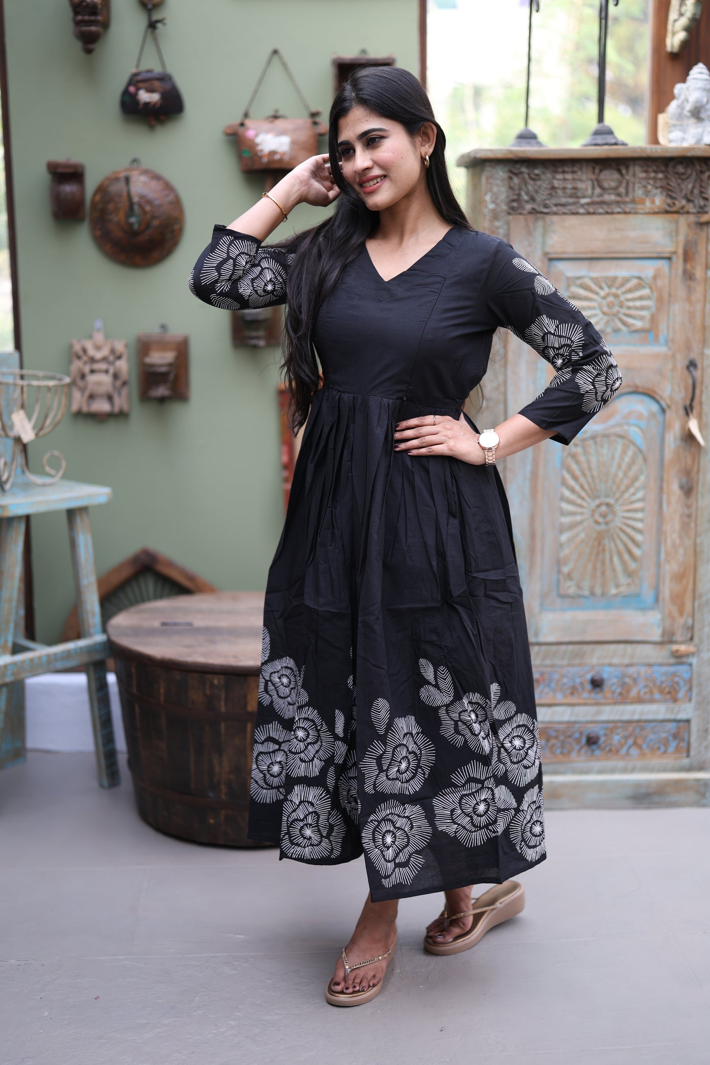 Black- Premium Cotton Daman Print Fabric  Maxi with Cotton lining FC0040