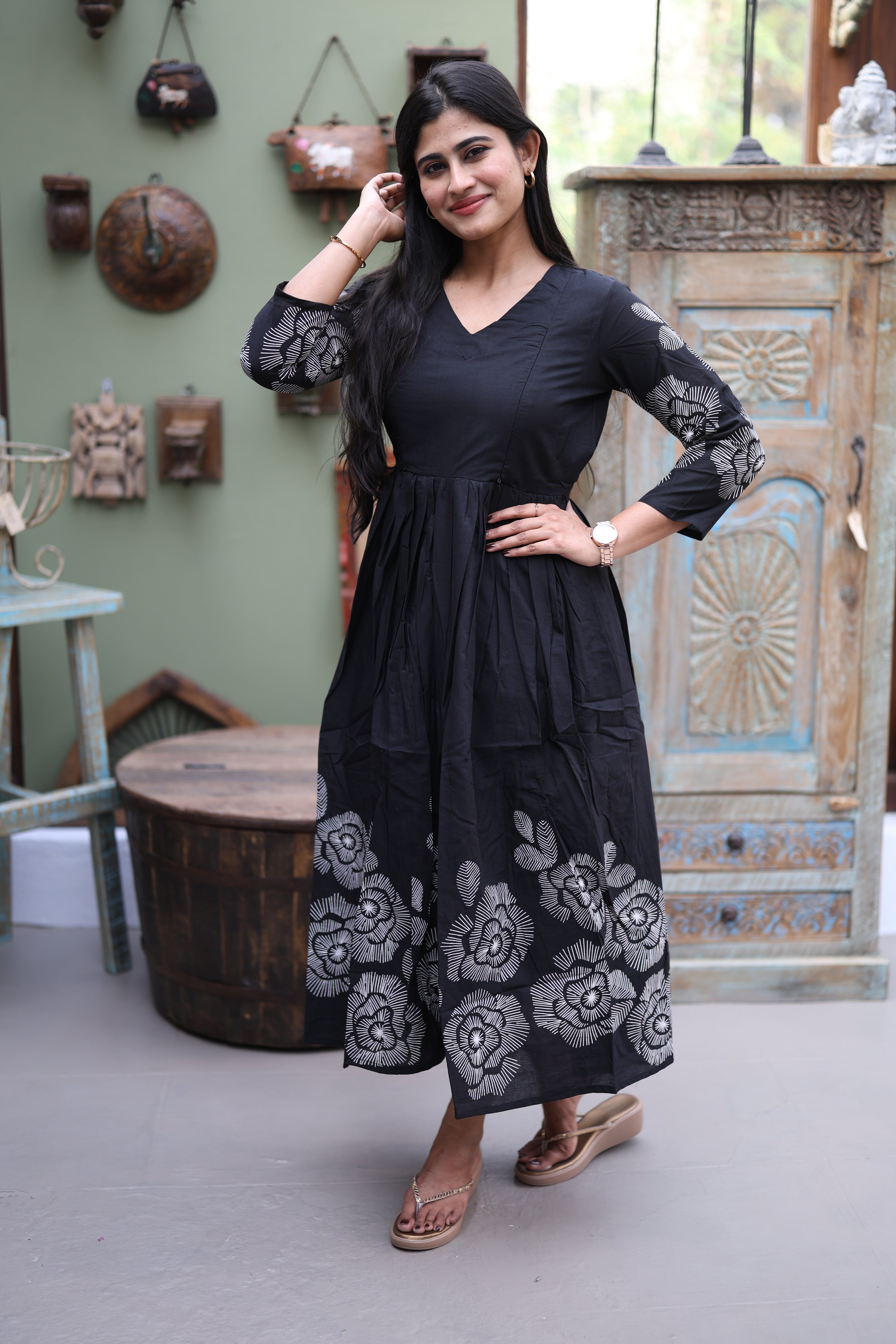 Black- Premium Cotton Daman Print Fabric  Maxi with Cotton lining 029