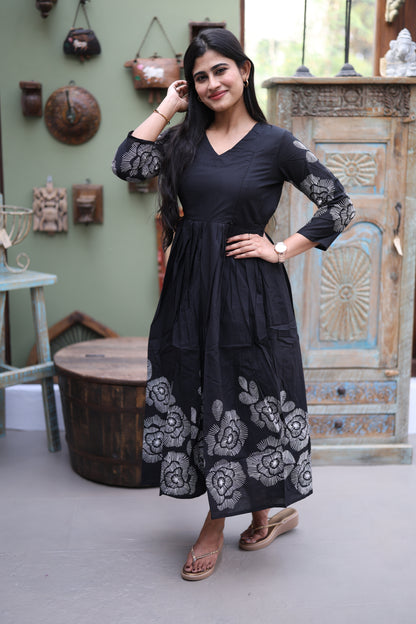Black- Premium Cotton Daman Print Fabric  Maxi with Cotton lining FC0040