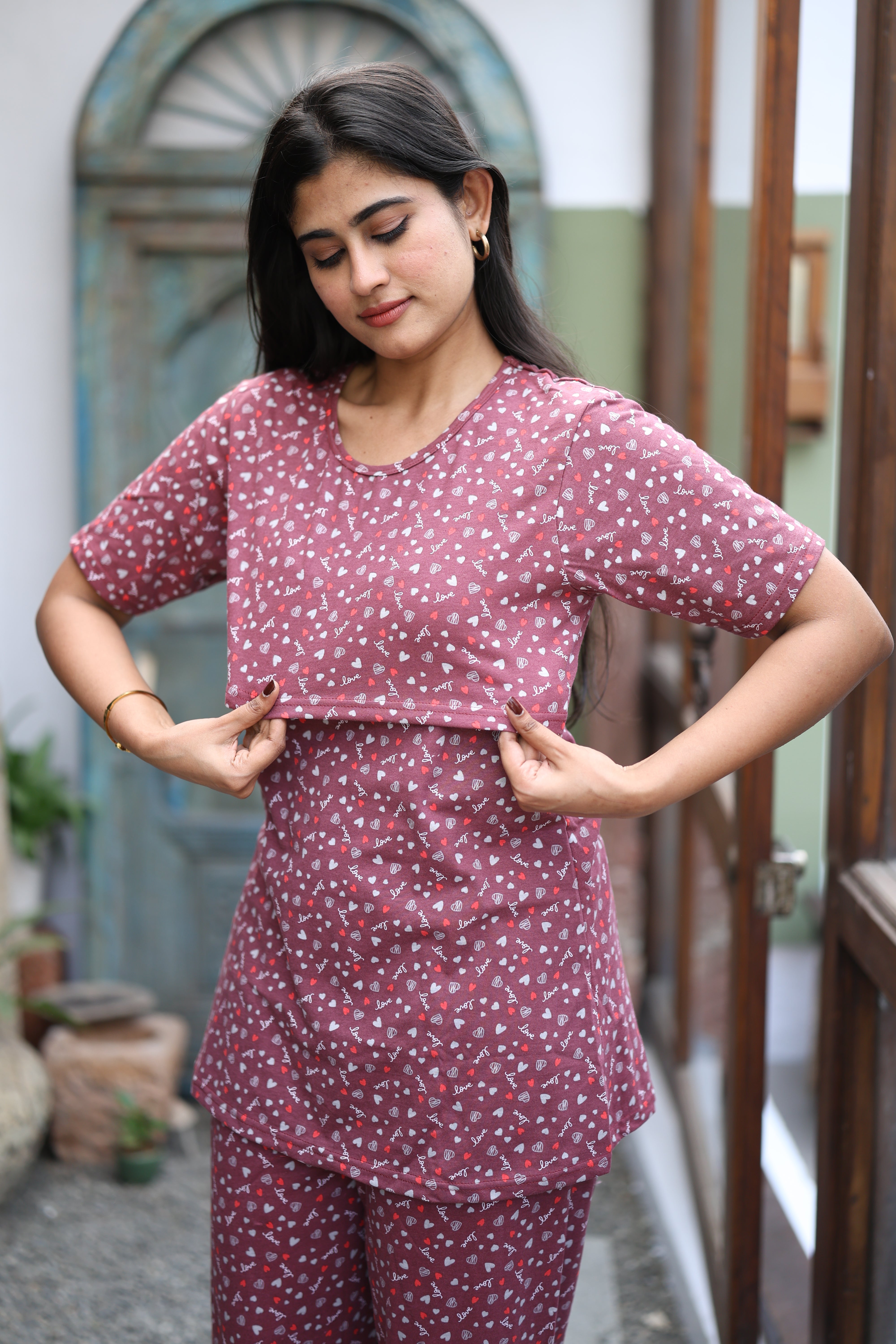 Feeding/Maternity - Hoseiry Cotton Pull up T shirt and Plazzo Set-TP001