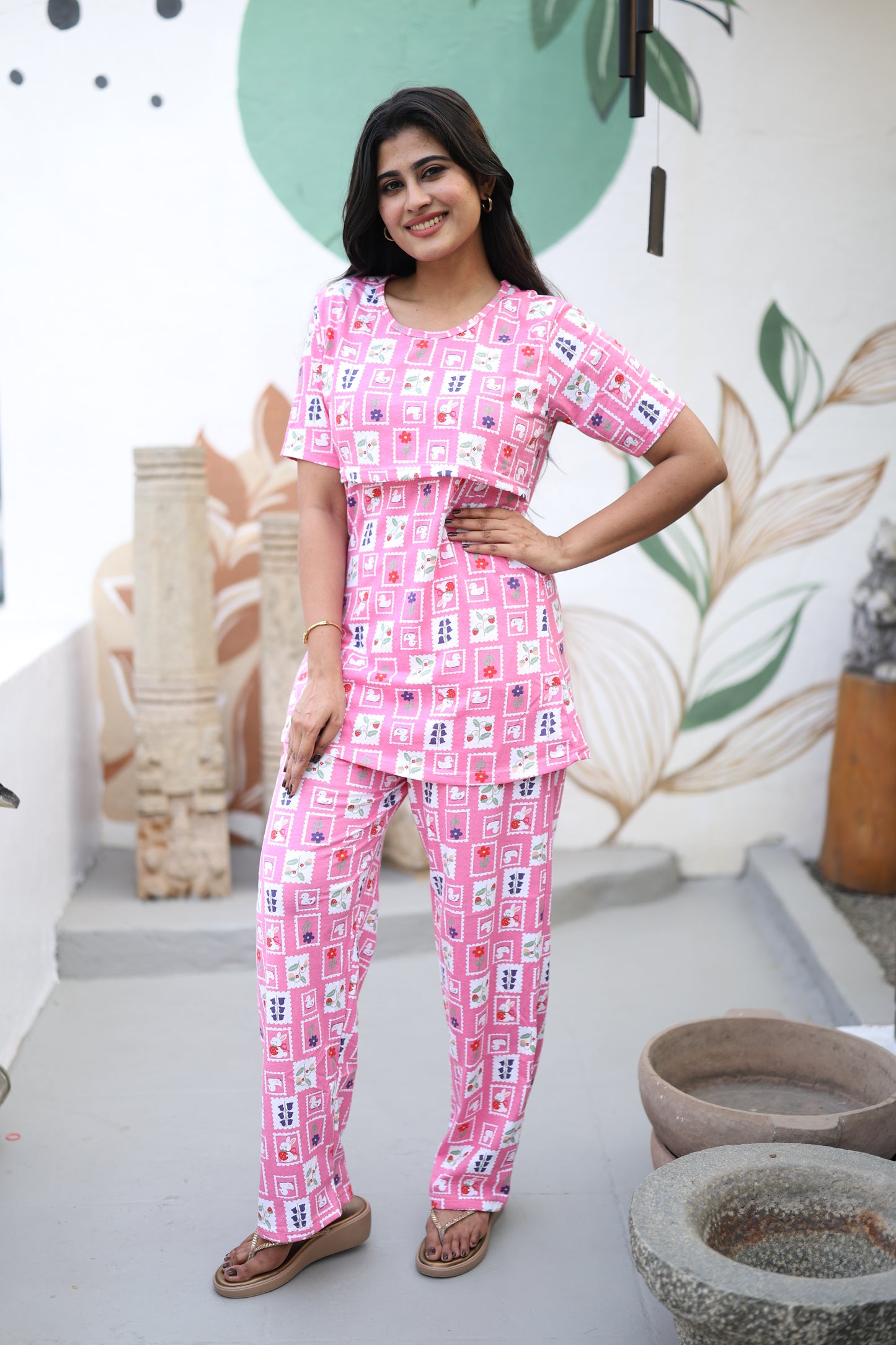 Feeding/Maternity - Hoseiry Cotton Pull up T shirt and Plazzo Set-TP007