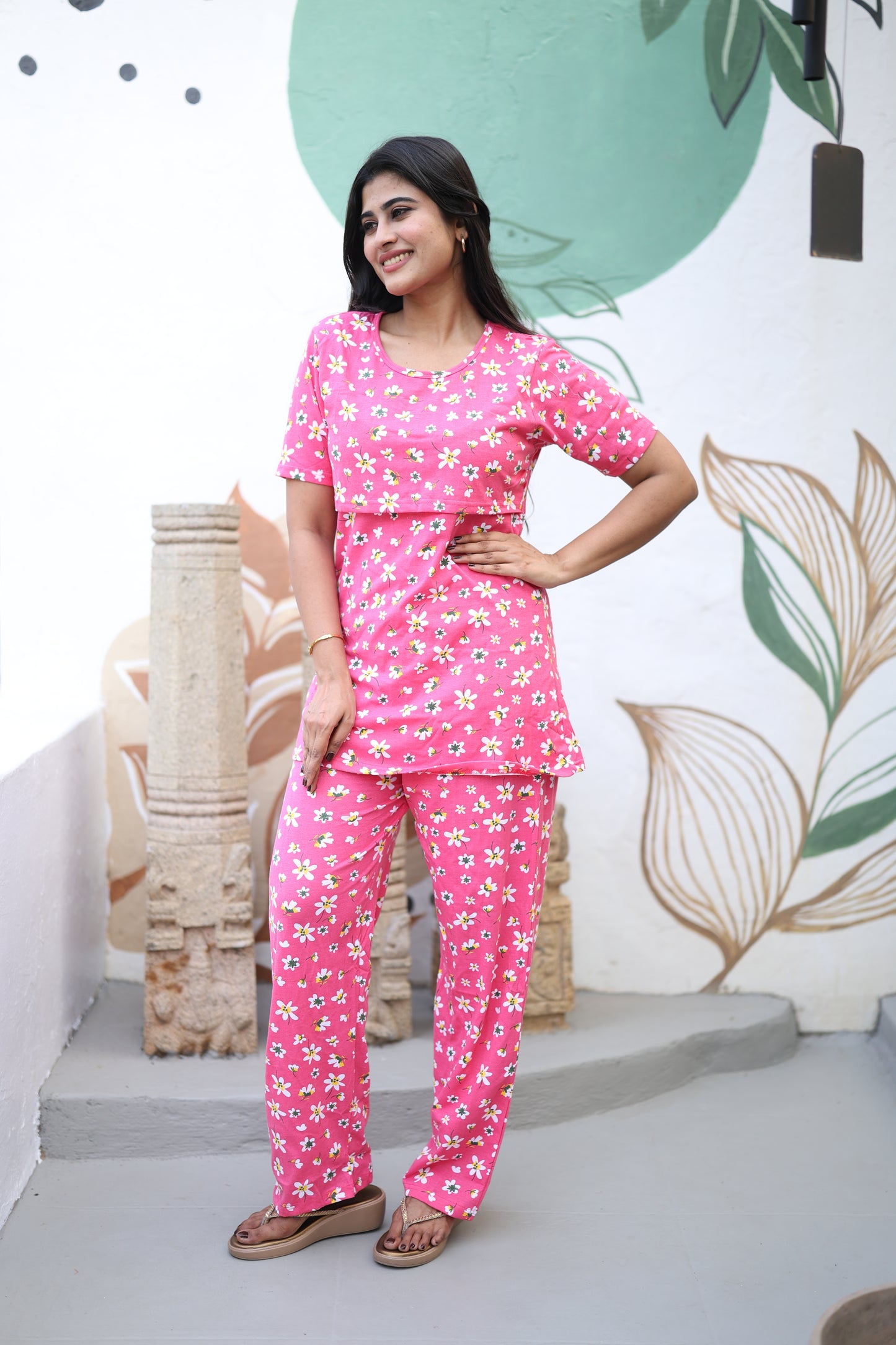 Feeding/Maternity - Hoseiry Cotton Pull up T shirt and Plazzo Set-TP005