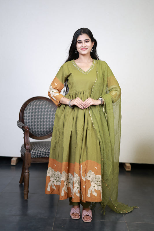 Premium Cotton Anarkali Salwar Set-(Top,Bottom,Duppatta)- Feeding/Non Feeding