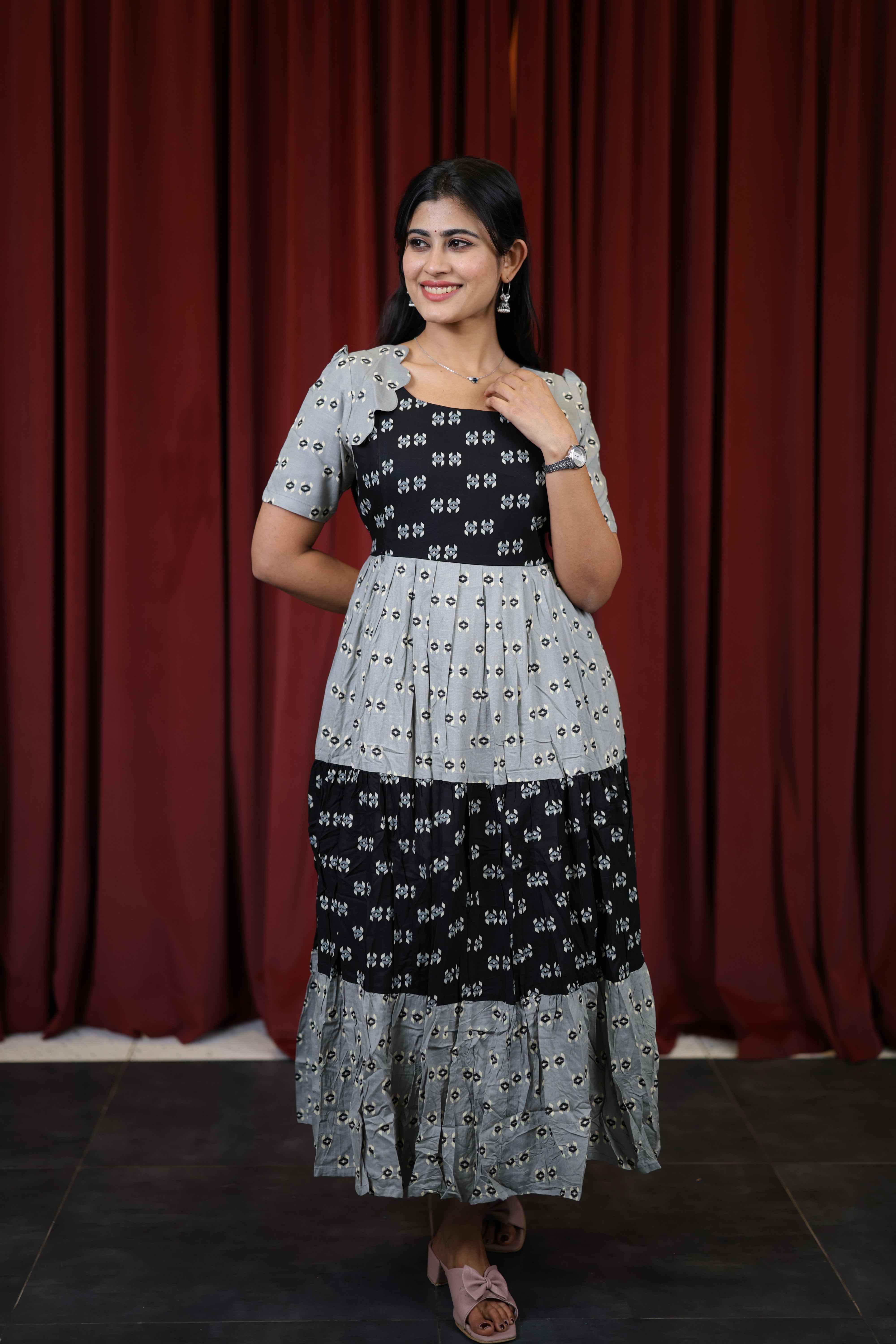 Black/Grey-Premium Cotton Blend Flex Fabric  Maxi with Cotton lining 025