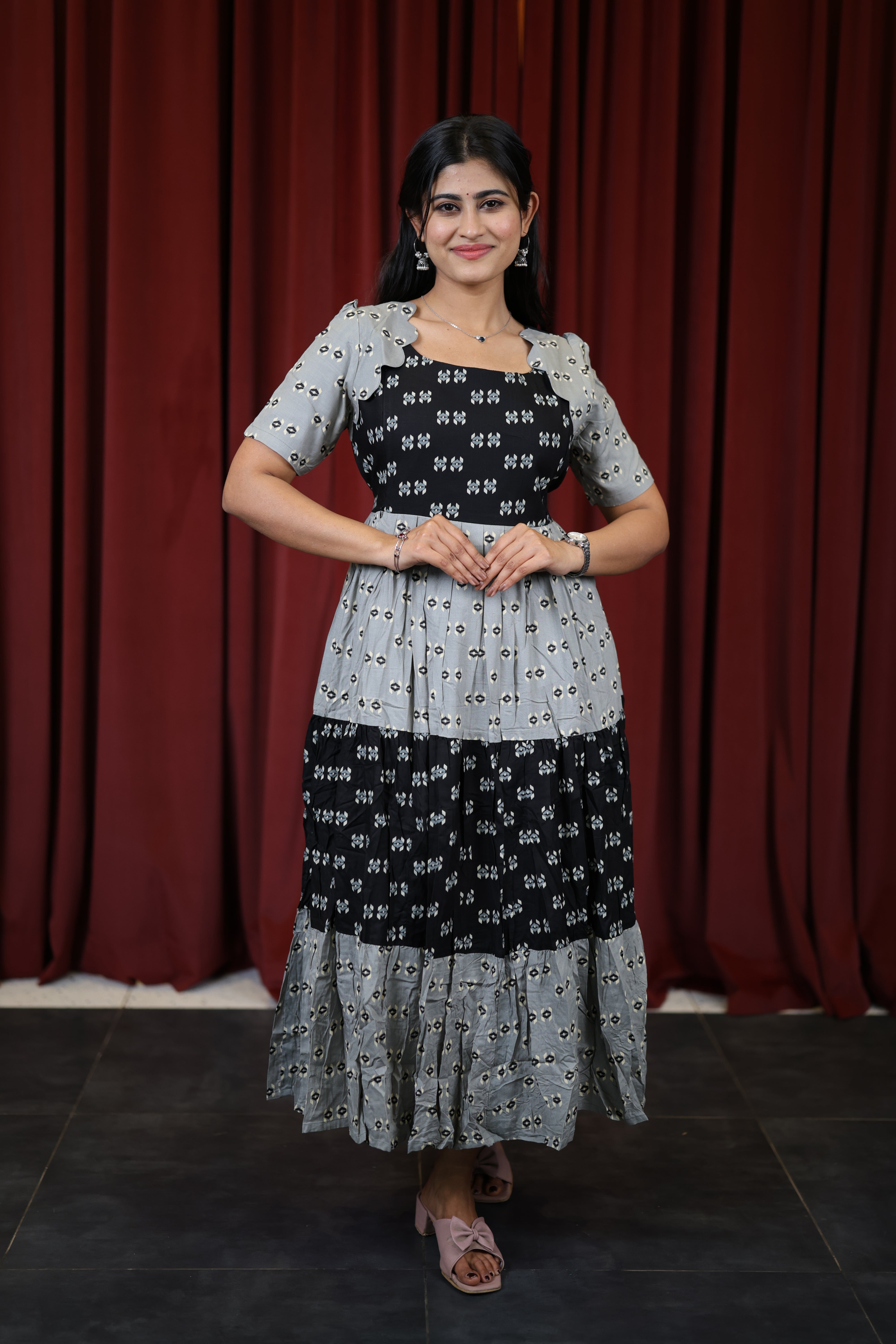 Black/Grey-Premium Cotton Blend Flex Fabric  Maxi with Cotton lining 025