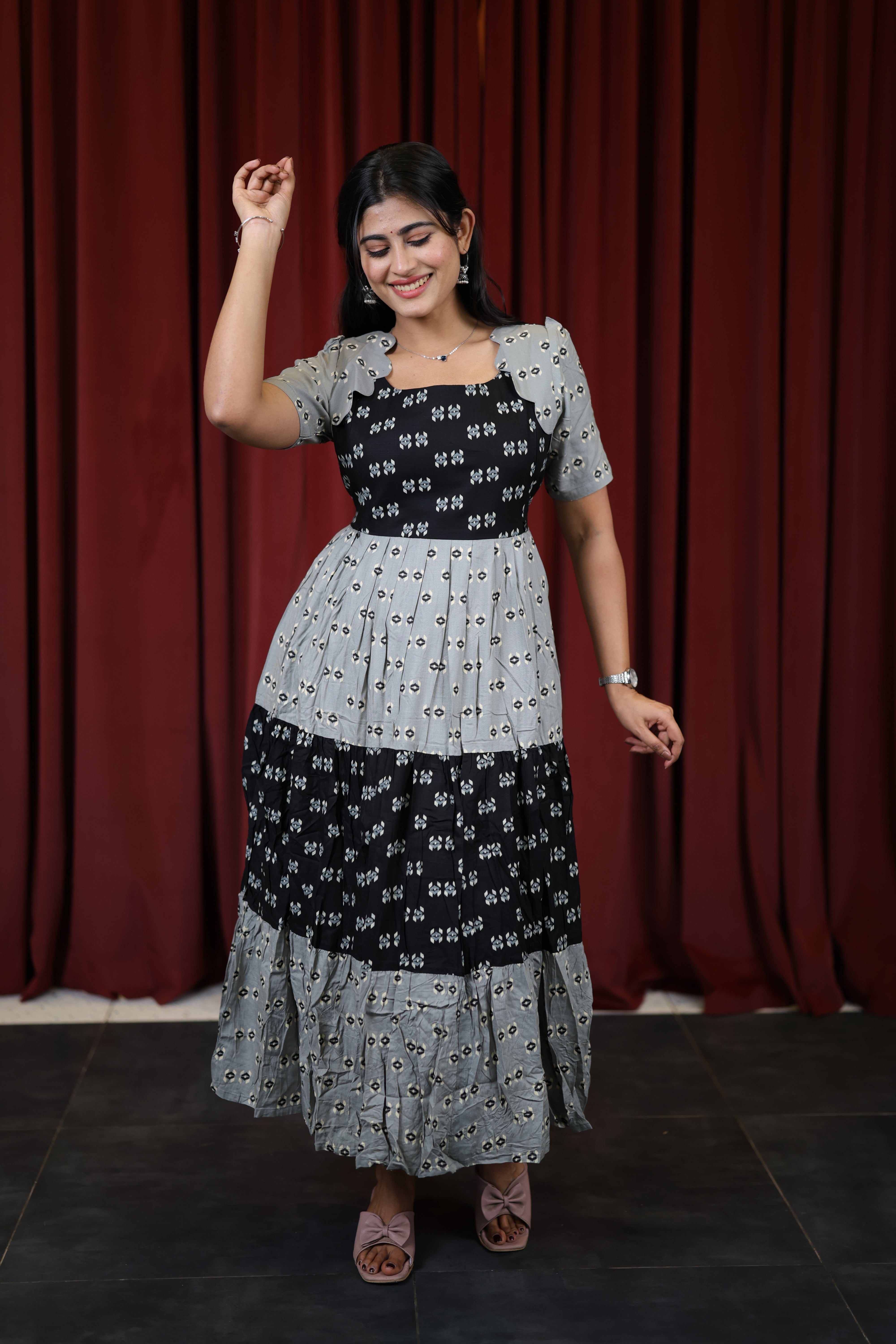 Black/Grey-Premium Cotton Blend Flex Fabric  Maxi with Cotton lining 025