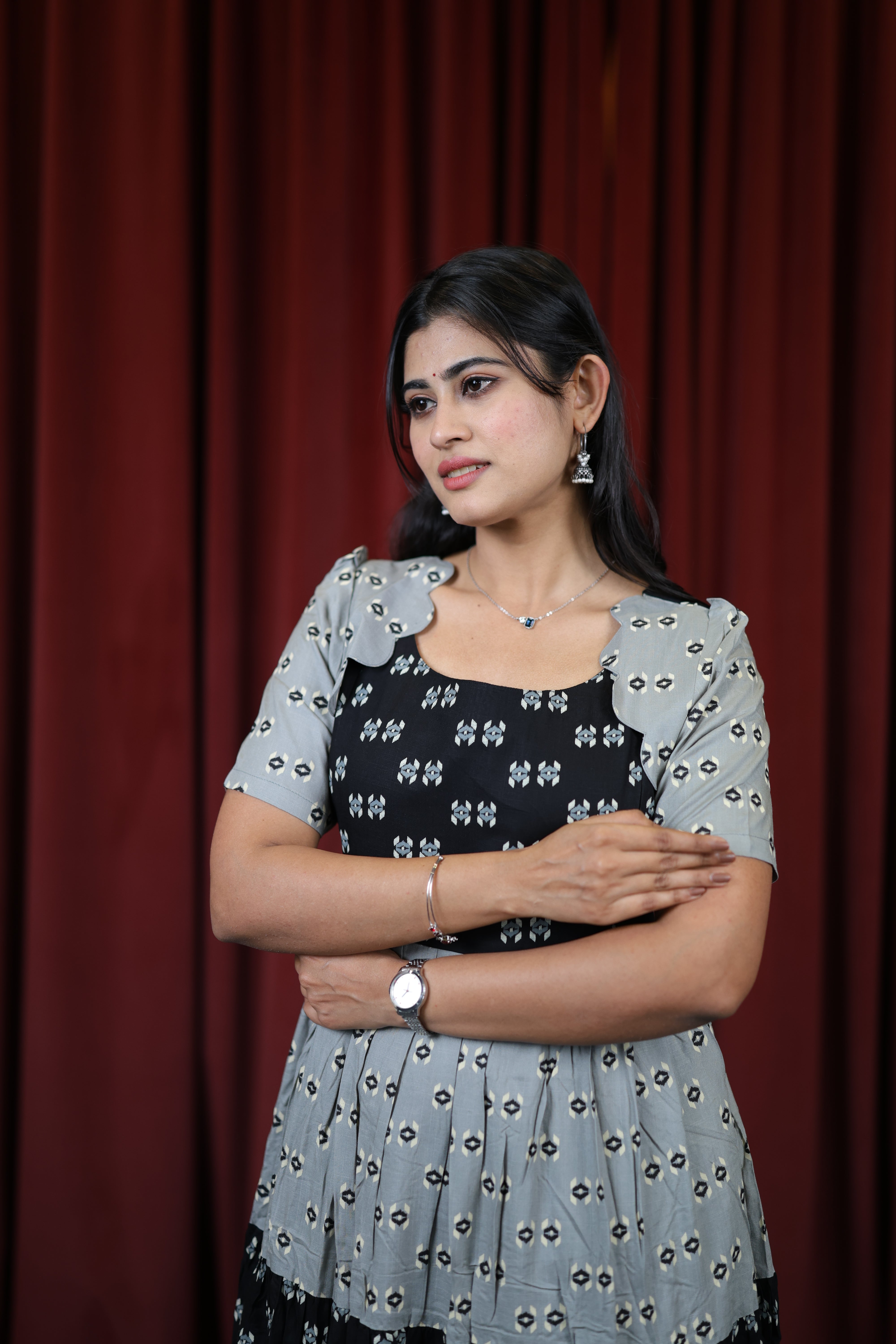 Black/Grey-Premium Cotton Blend Flex Fabric  Maxi with Cotton lining 025