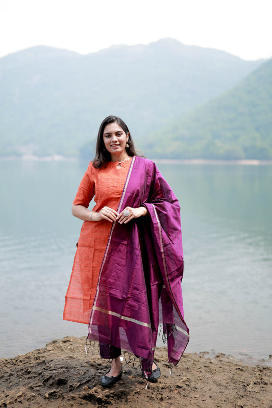 Premium Raw Silk Salwar Set-(Top,Bottom,Duppatta)- Feeding/Non Feeding-Orange