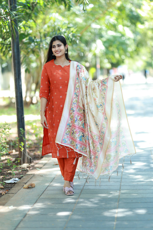 Premium Raw Silk With Kalamkari Printed Duppata Set(With lining)