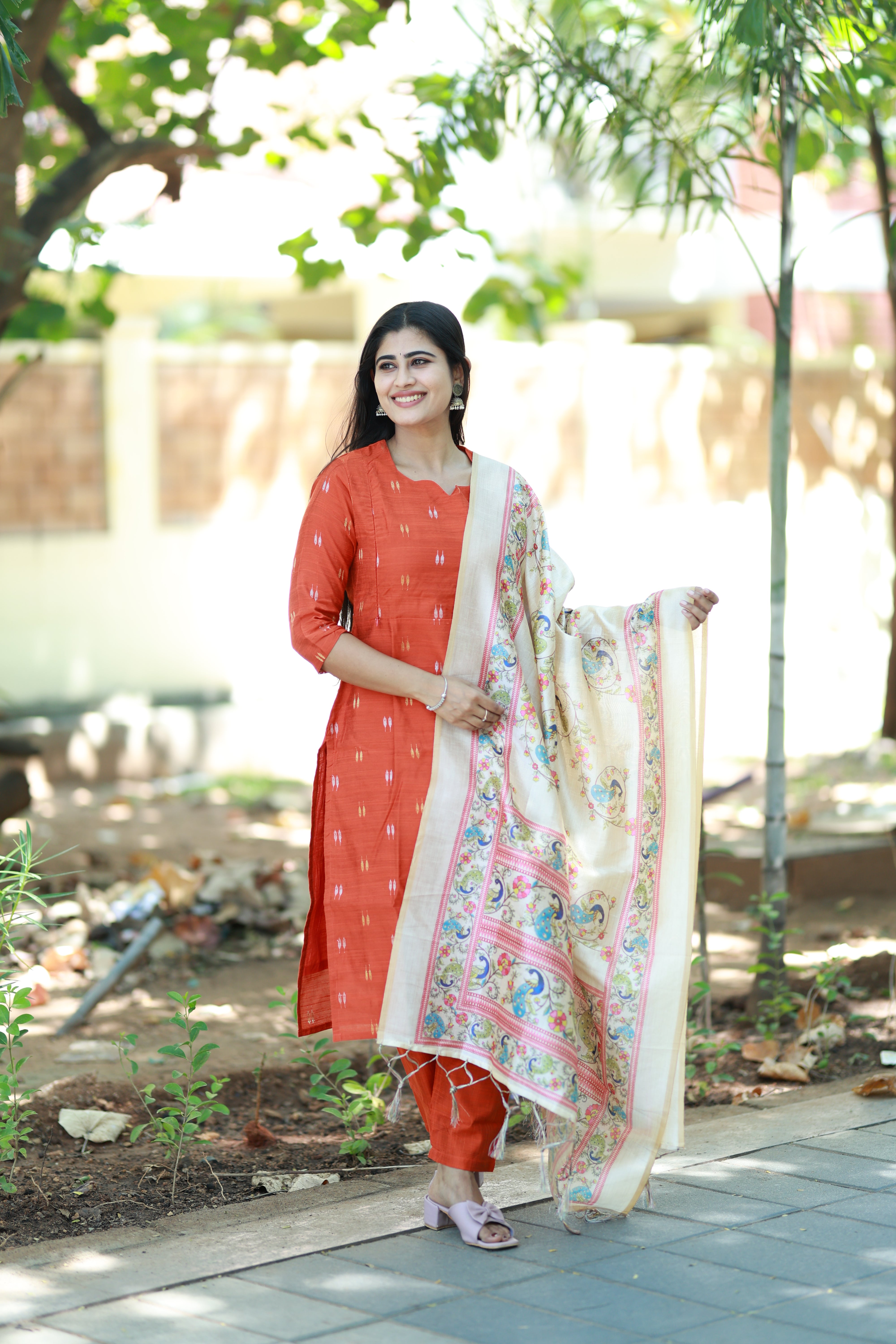 Premium Raw Silk With Kalamkari Printed Duppata Set(With lining)