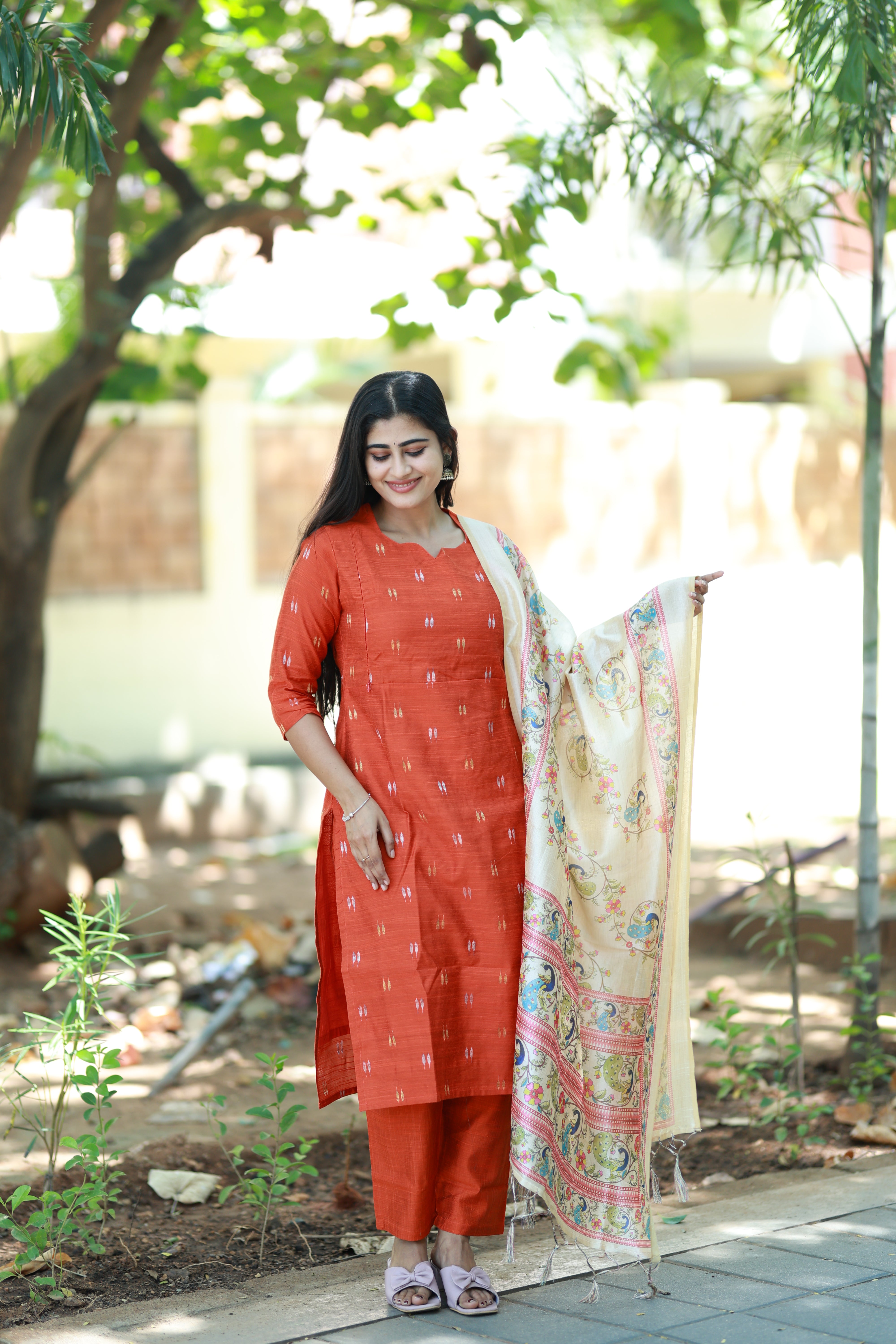 Premium Raw Silk With Kalamkari Printed Duppata Set(With lining)