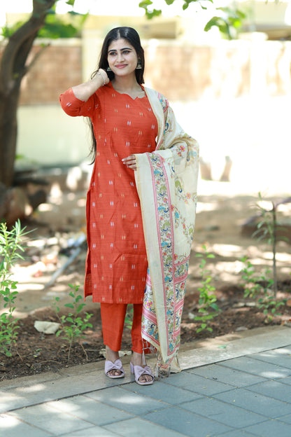 Premium Raw Silk With Kalamkari Printed Duppata Set(With lining)
