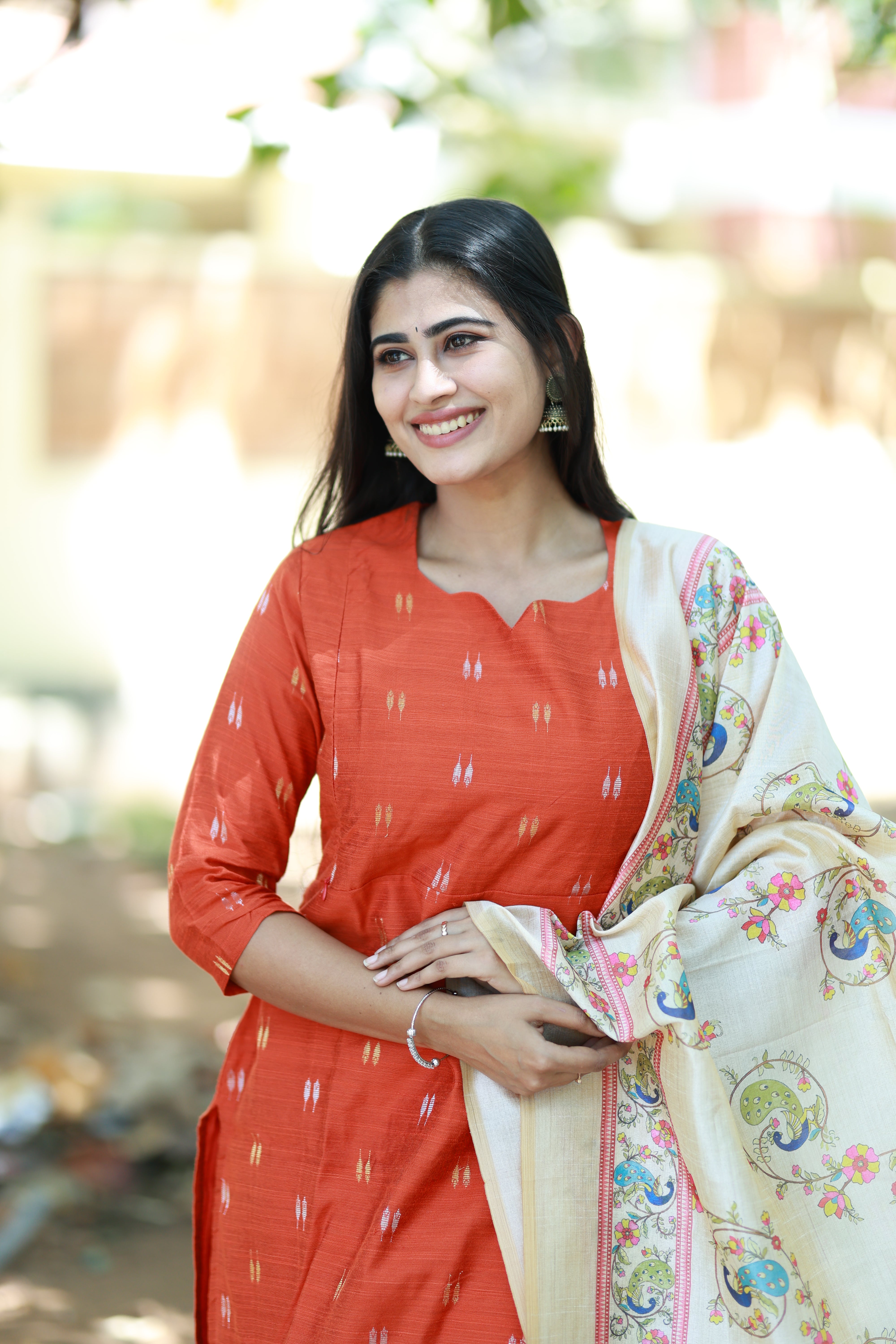 Premium Raw Silk With Kalamkari Printed Duppata Set(With lining)