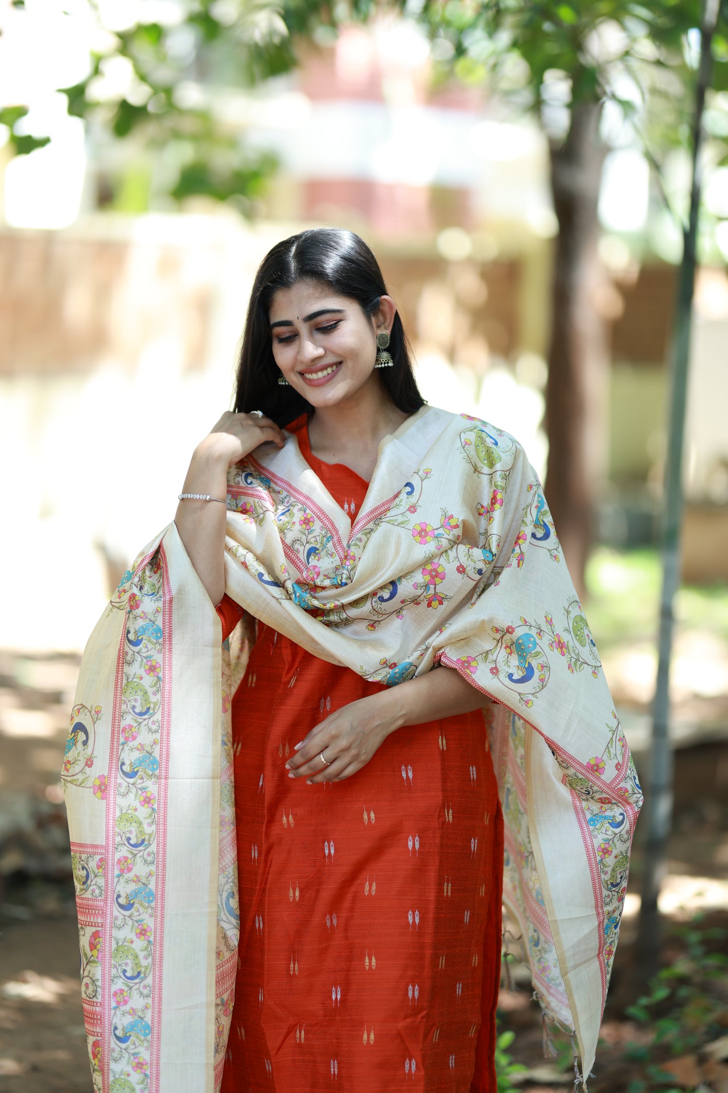 Premium Raw Silk With Kalamkari Printed Duppata Set(With lining)