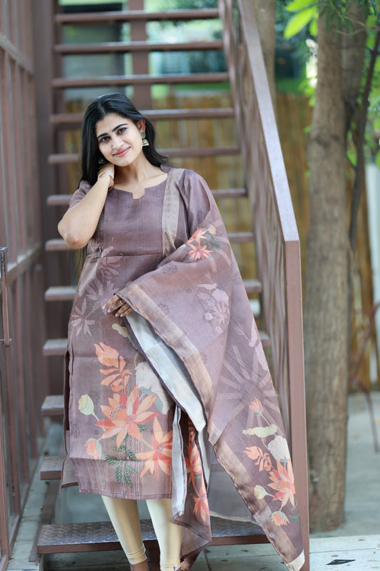 Premium Tissue Digital Printed  Kurti and Dupatta Set-Brown FC0135