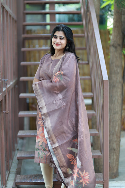 Premium Tissue Digital Printed  Kurti and Dupatta Set-Brown FC0135