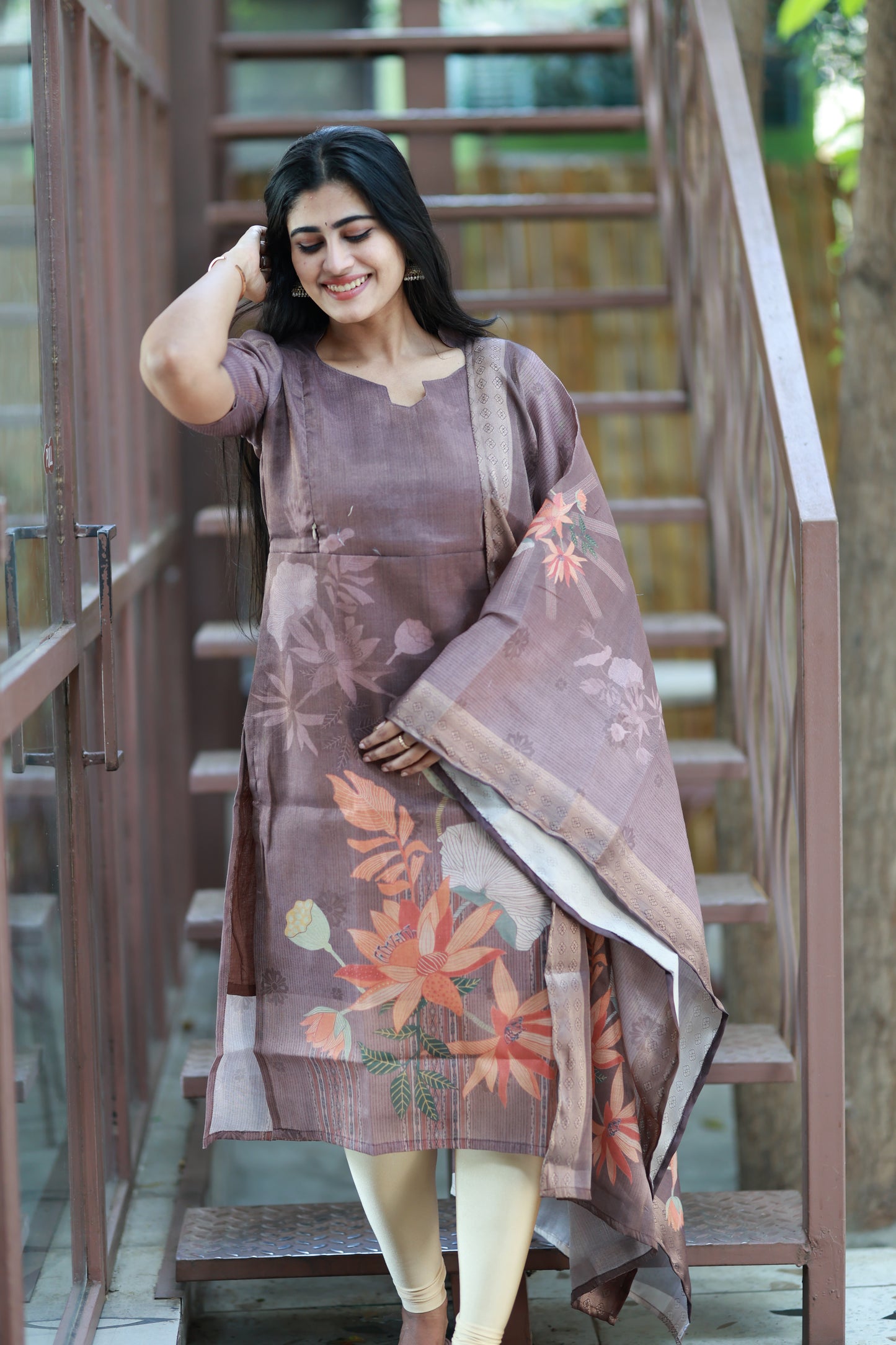 Premium Tissue Digital Printed  Kurti and Dupatta Set-Brown FC0135
