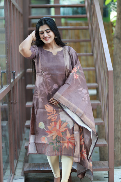 Premium Tissue Digital Printed  Kurti and Dupatta Set-Brown FC0135