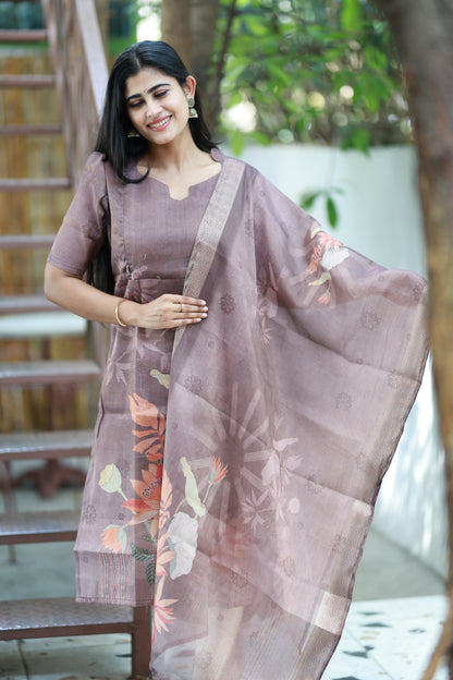 Premium Tissue Digital Printed  Kurti and Dupatta Set-Brown FC0135