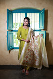 Premium Raw Silk With Kalamkari Printed Duppata Set(With lining)Green