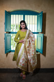 Premium Raw Silk With Kalamkari Printed Duppata Set(With lining)Green