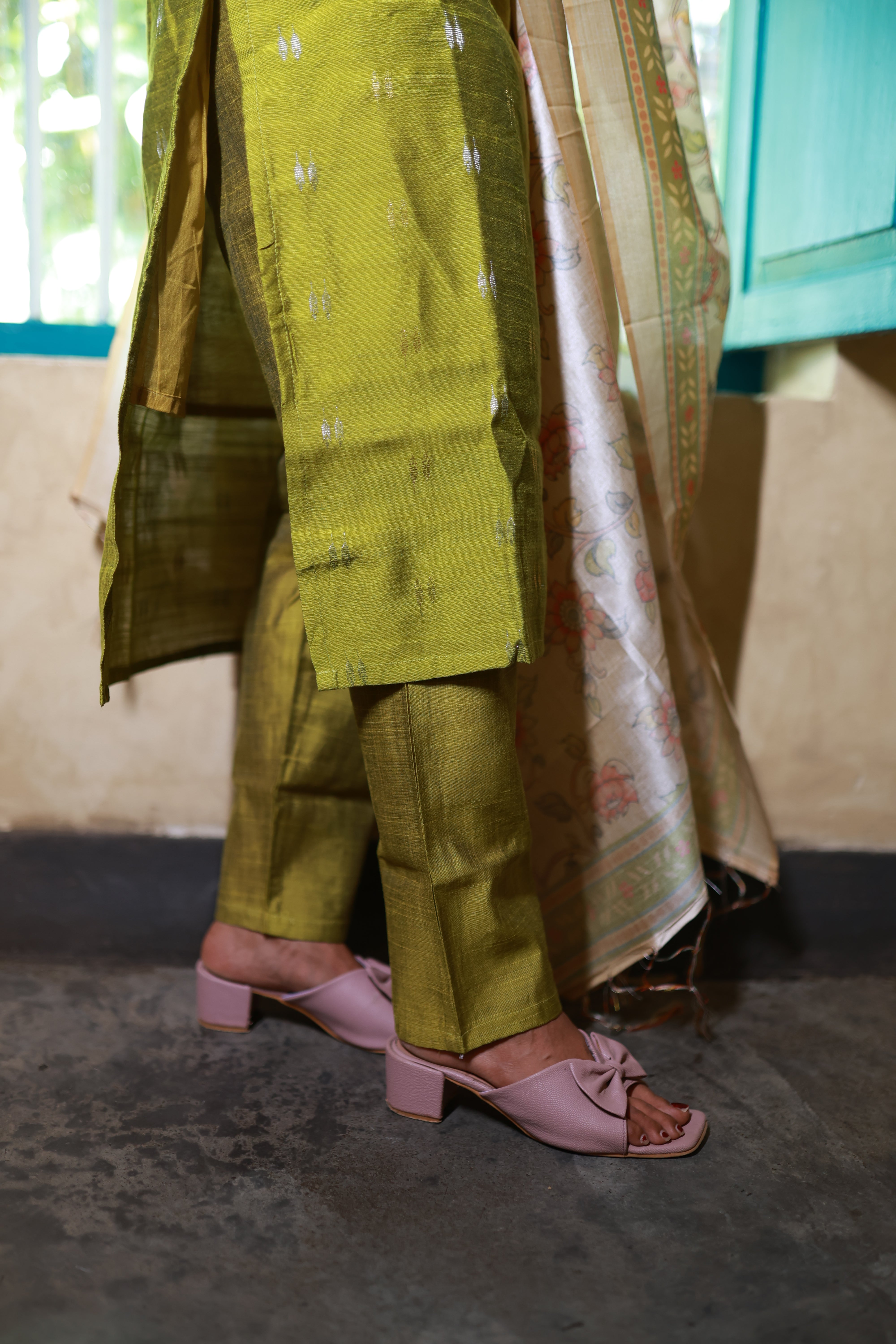 Premium Raw Silk With Kalamkari Printed Duppata Set(With lining)Green