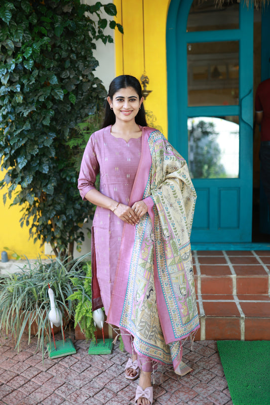 Premium Raw Silk With Kalamkari Printed Duppata Set(With lining)LP FC0280
