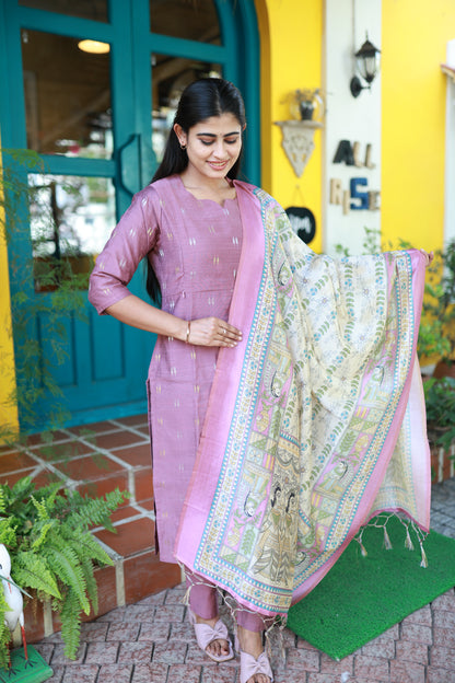 Premium Raw Silk With Kalamkari Printed Duppata Set(With lining)LP FC0280