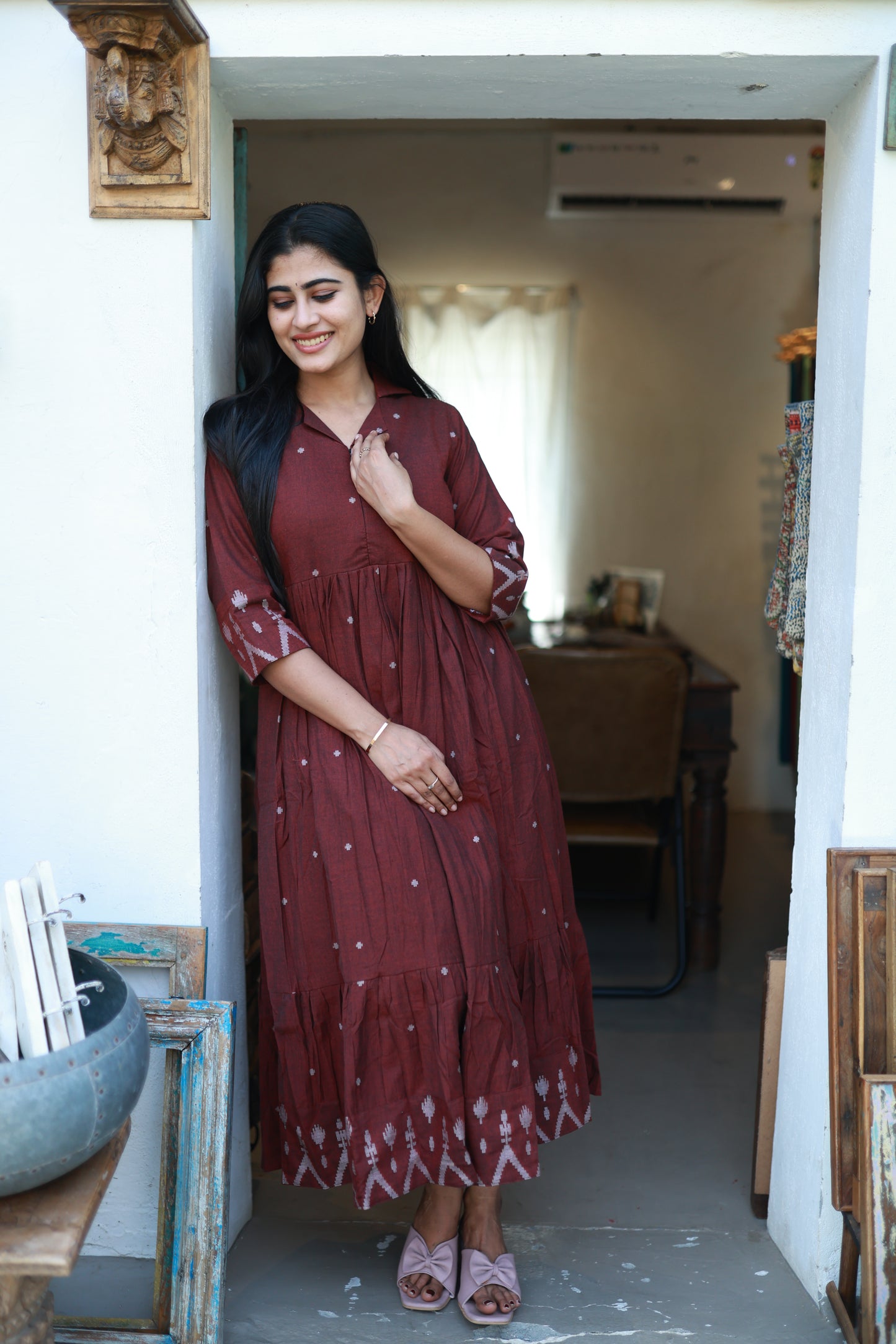 Premium Cotton Jamdani Maxi Centre Zip ( with cotton Lining )-Maroon FC0155