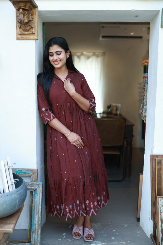 Premium Cotton Jamdani Maxi Centre Zip ( with cotton Lining )-Maroon