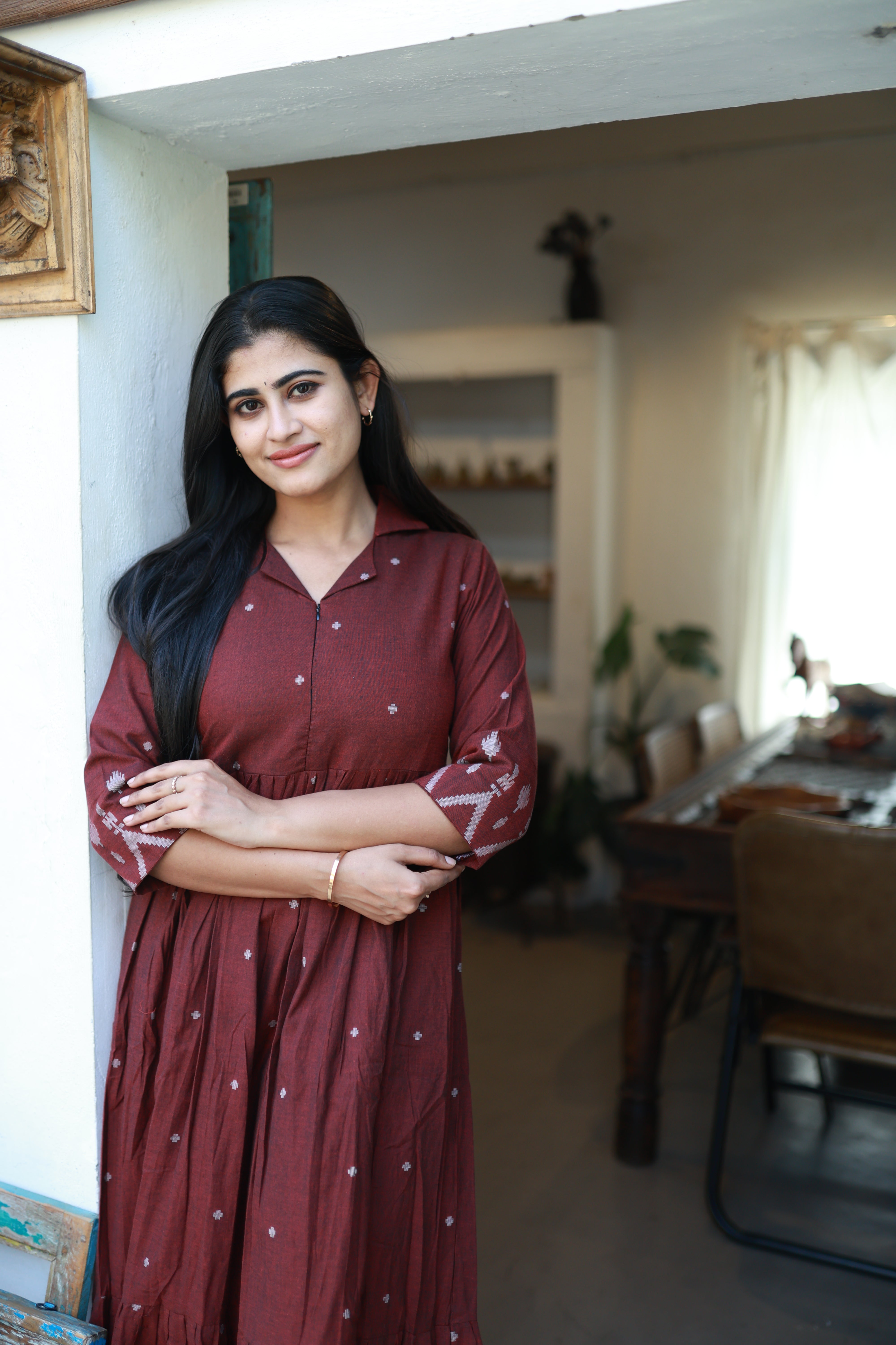 Premium Cotton Jamdani Maxi Centre Zip ( with cotton Lining )-Maroon