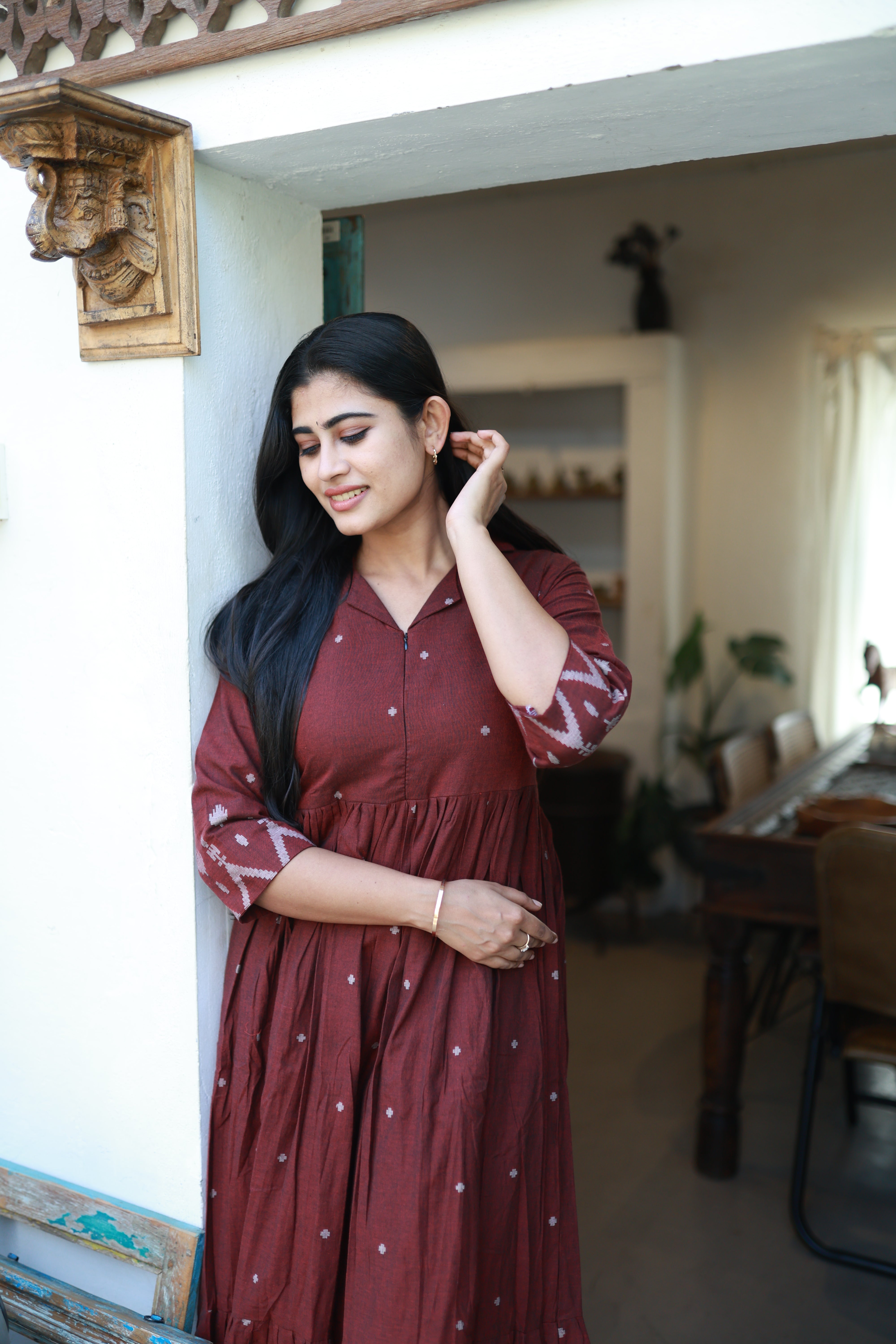 Premium Cotton Jamdani Maxi Centre Zip ( with cotton Lining )-Maroon