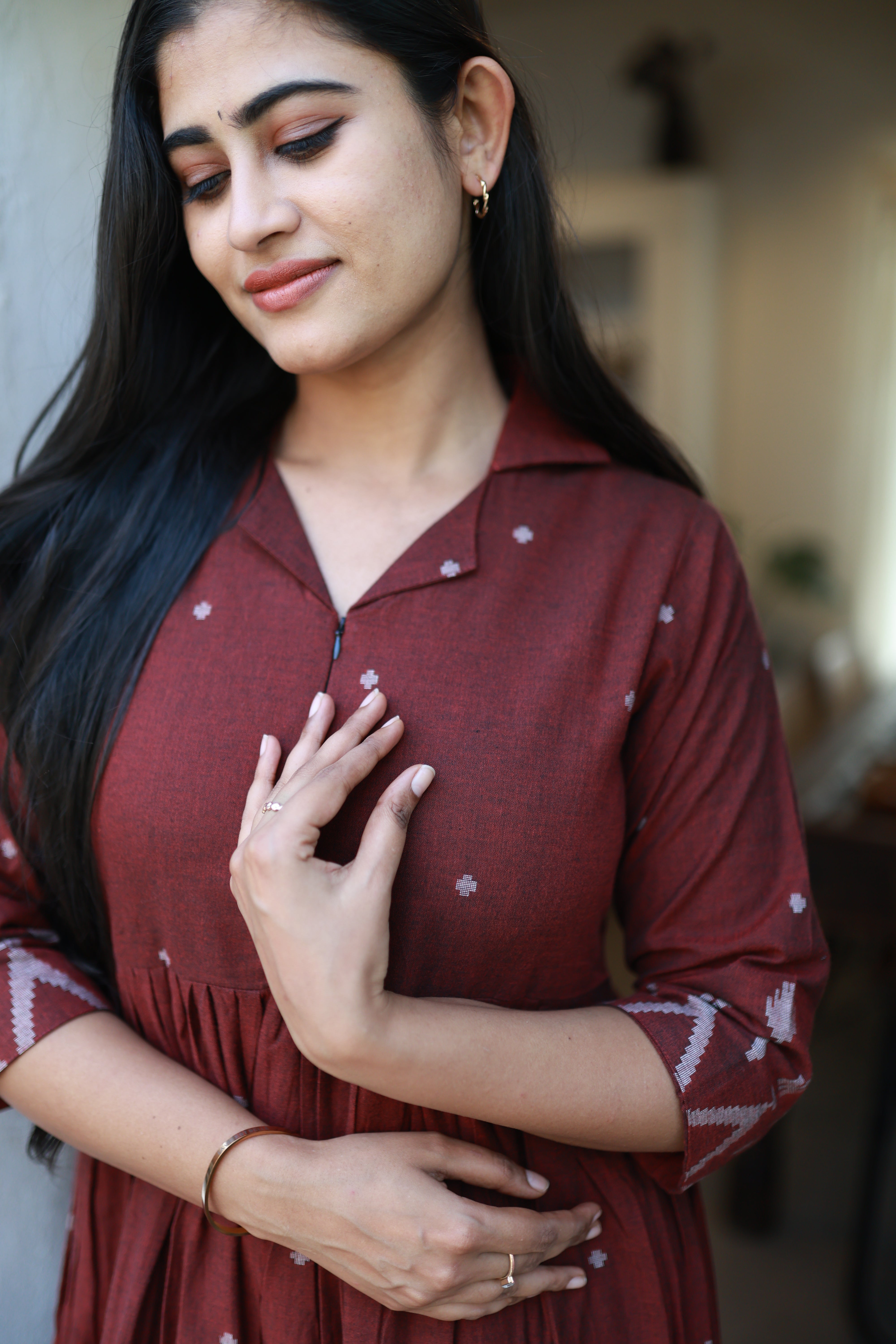 Premium Cotton Jamdani Maxi Centre Zip ( with cotton Lining )-Maroon