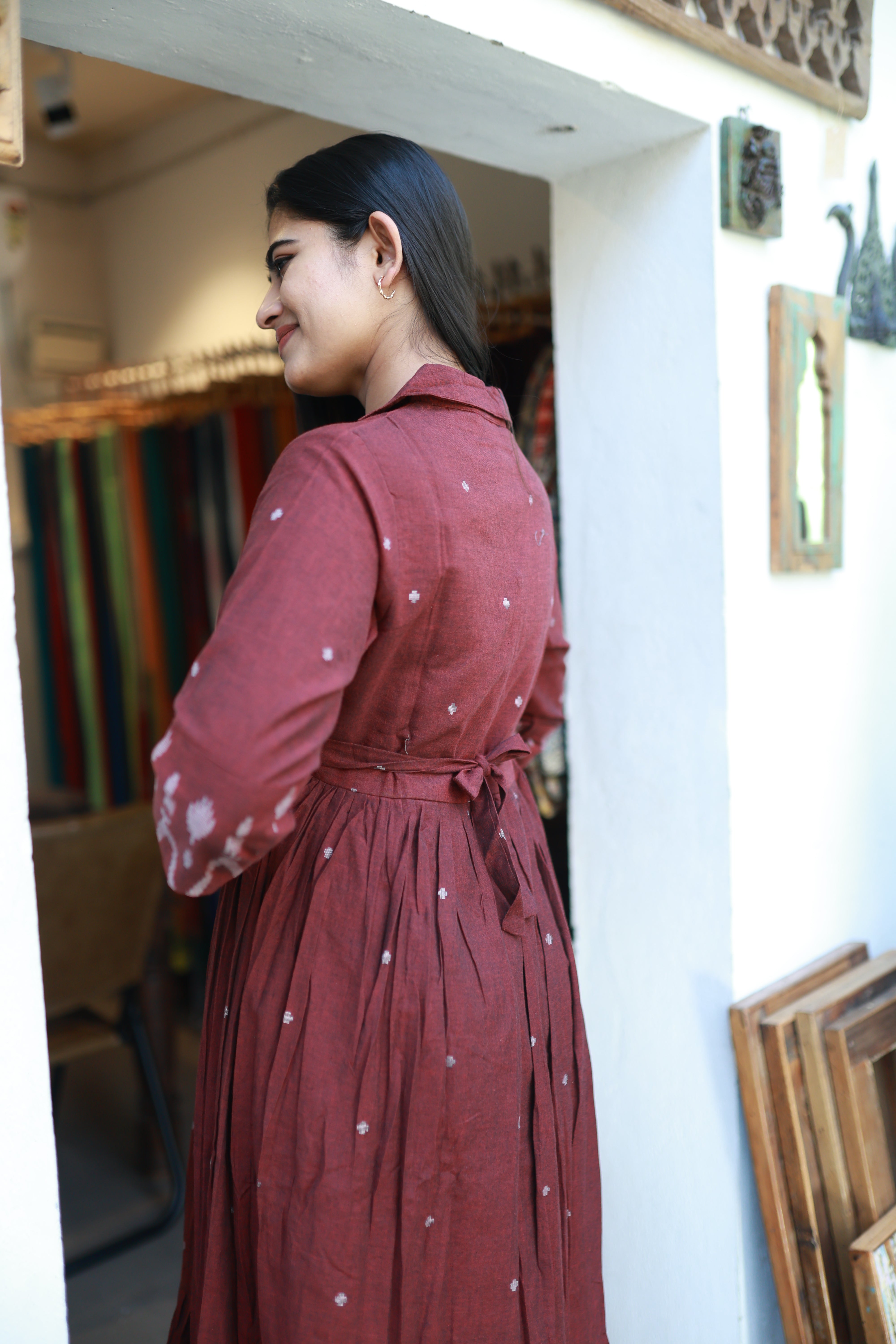 Premium Cotton Jamdani Maxi Centre Zip ( with cotton Lining )-Maroon