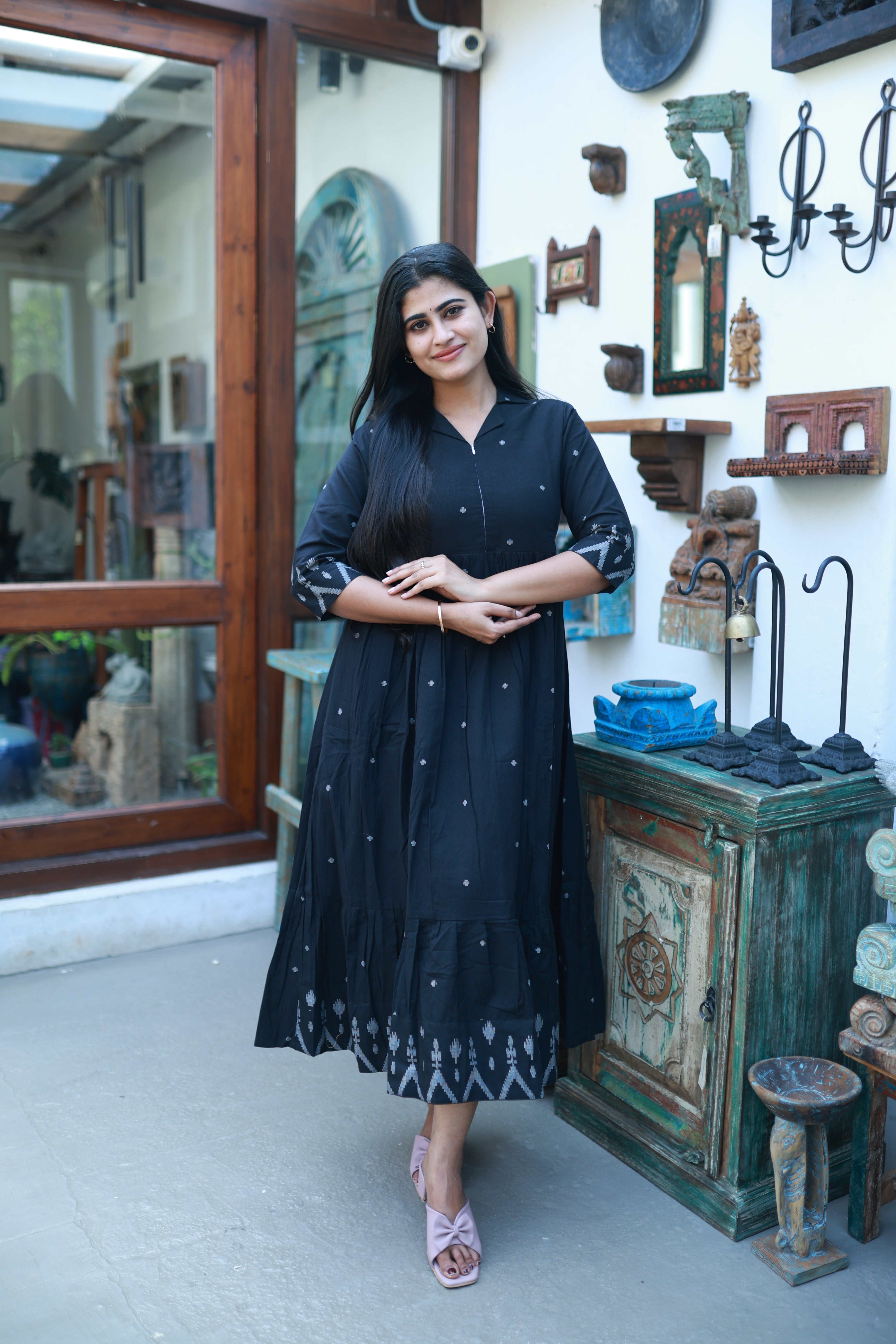 Premium Cotton Jamdani Maxi Centre Zip ( with cotton Lining )-Black