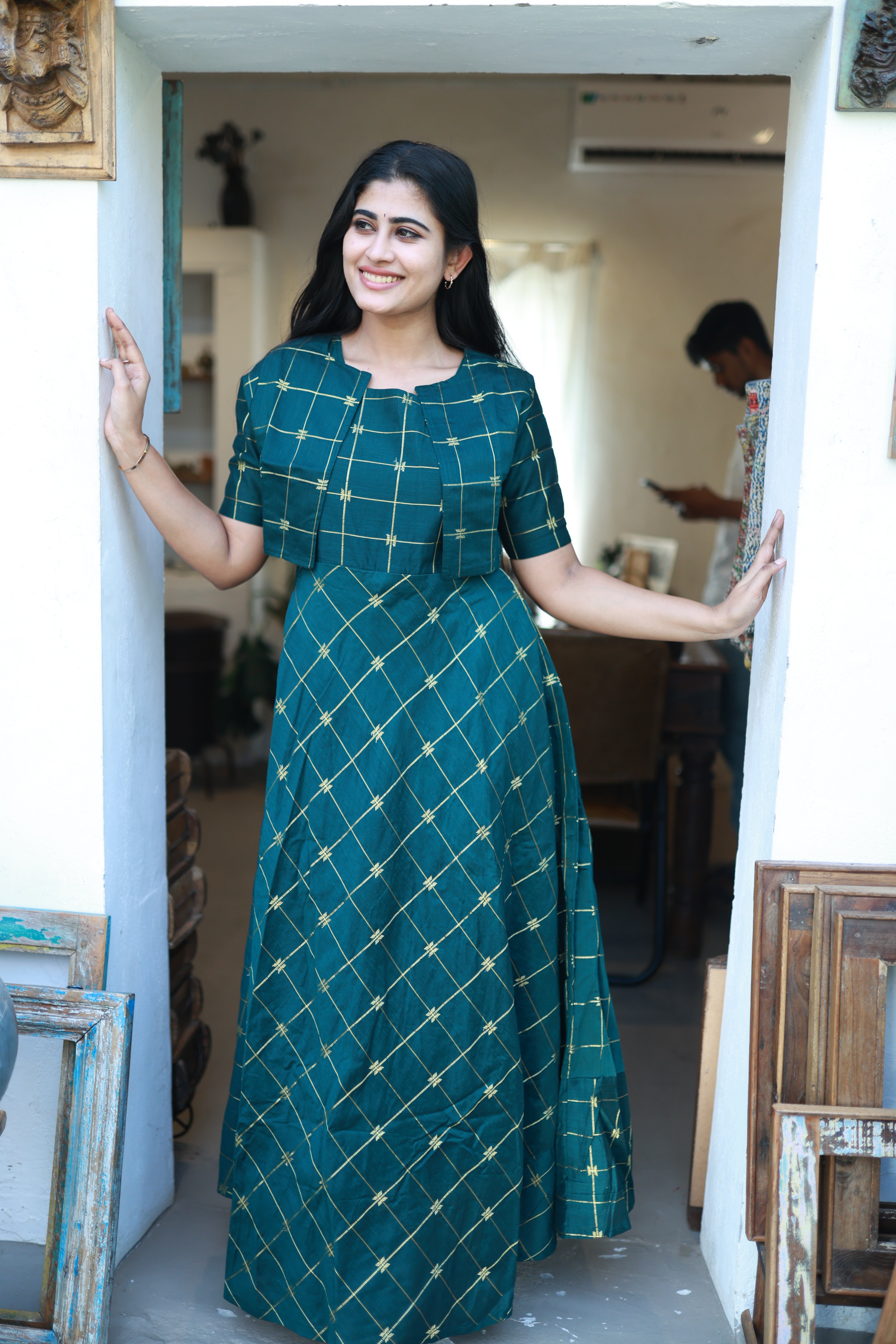 Green-Festive Raw Silk Maxi with Detachable Overcoat- Feeding/Non Feeding
