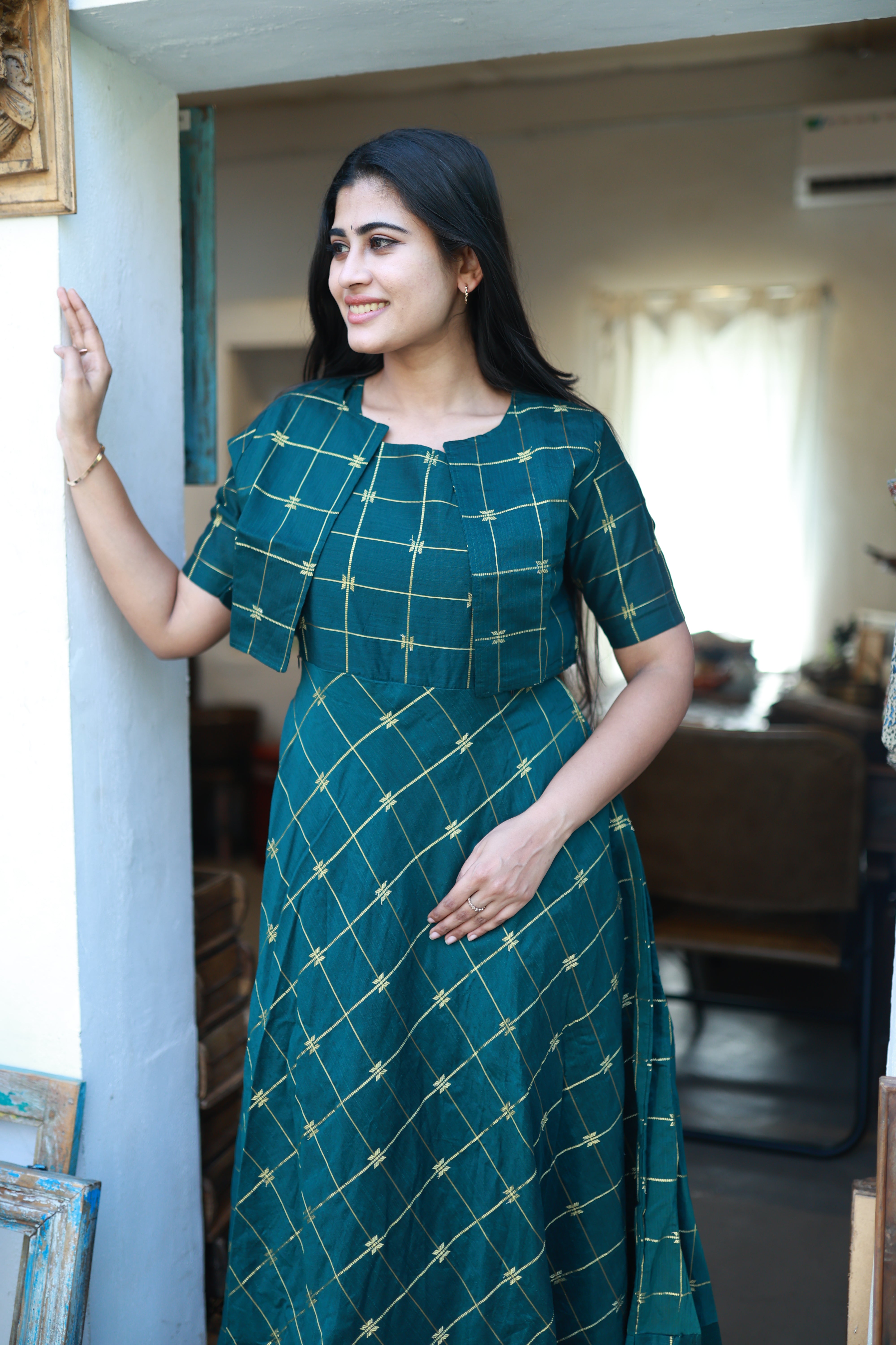 Green-Festive Raw Silk Maxi with Detachable Overcoat- Feeding/Non Feeding