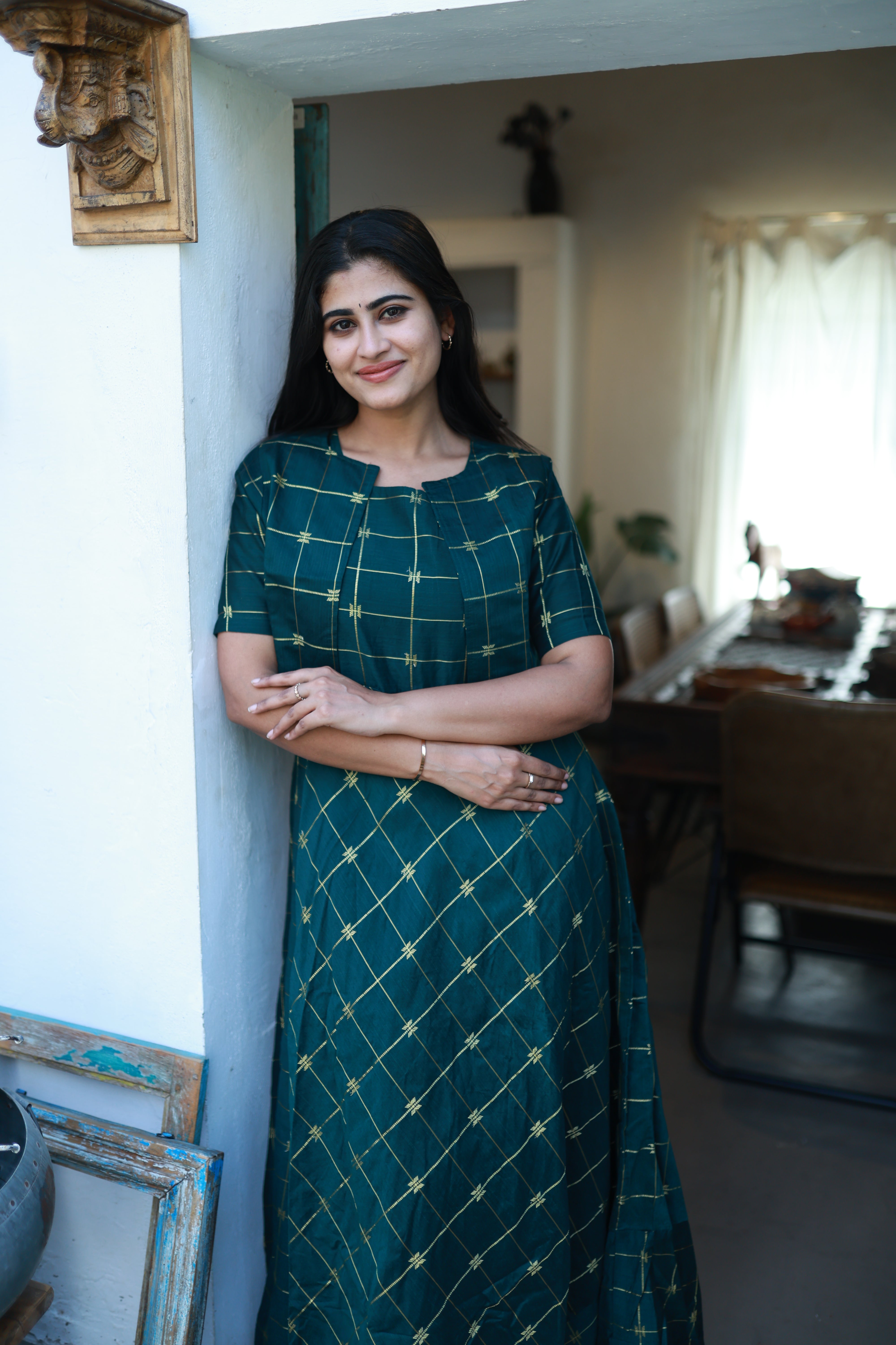 Green-Festive Raw Silk Maxi with Detachable Overcoat- Feeding/Non Feeding