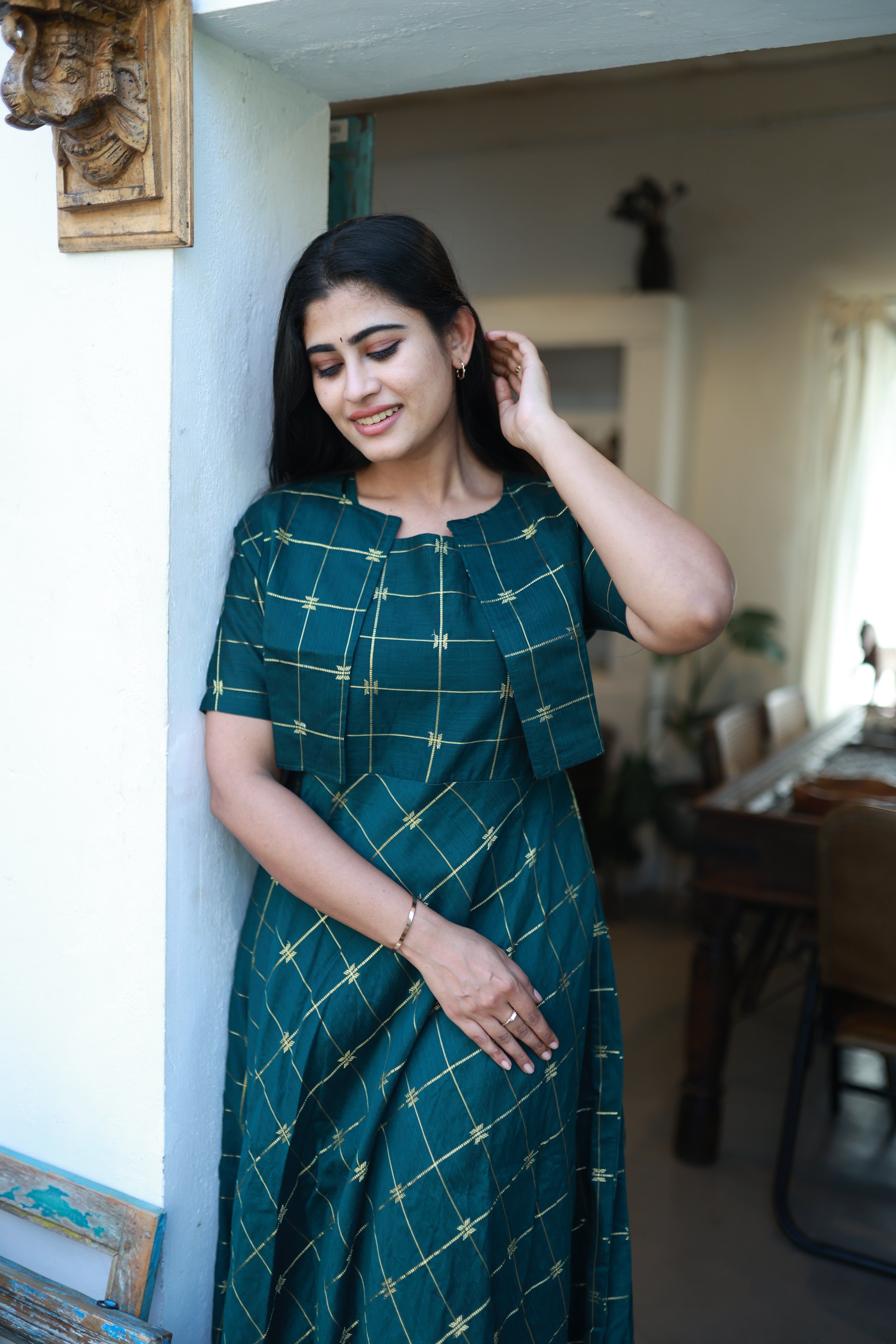 Green-Festive Raw Silk Maxi with Detachable Overcoat- Feeding/Non Feeding