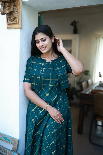 Green-Festive Raw Silk Maxi with Detachable Overcoat FC0180