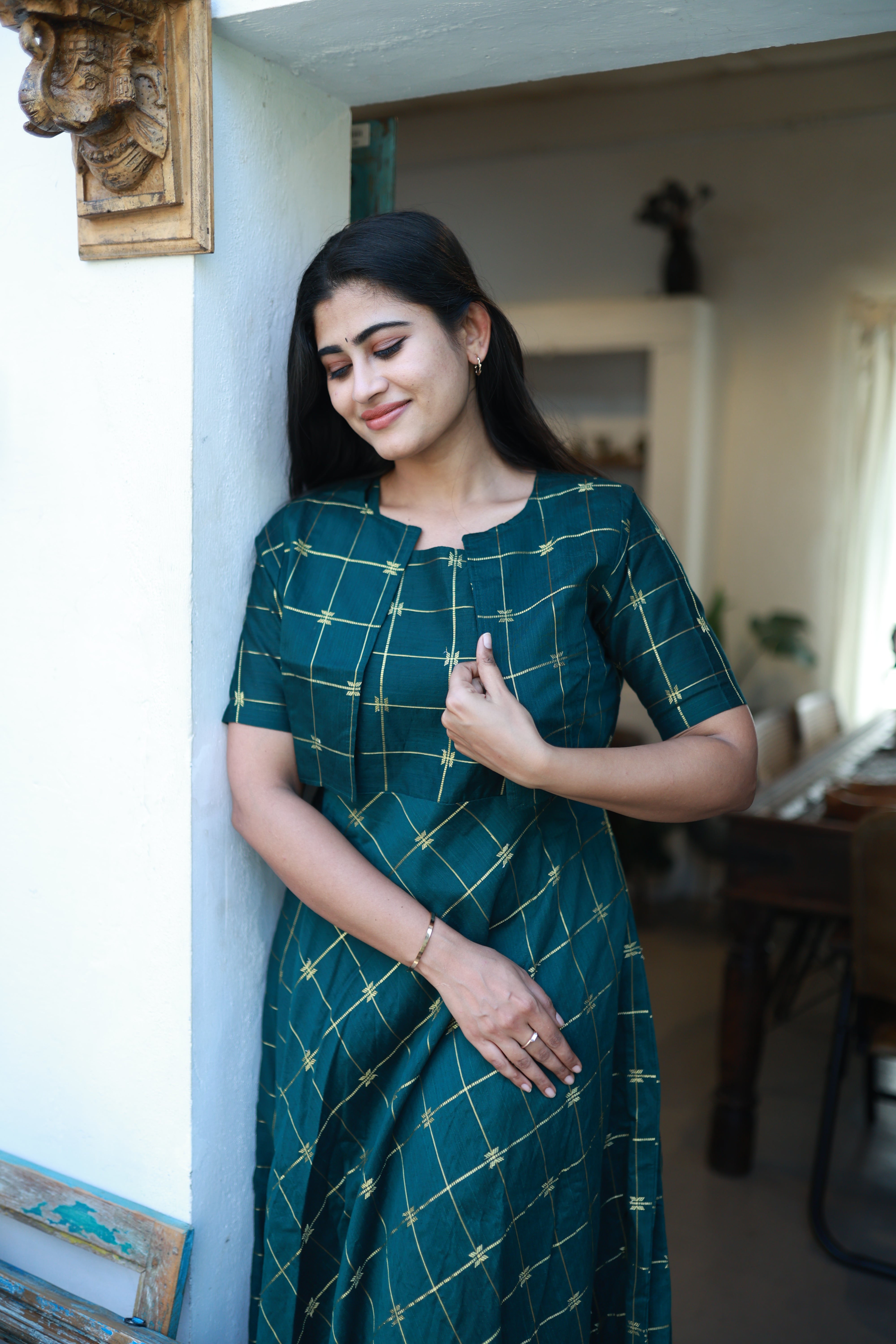 Green-Festive Raw Silk Maxi with Detachable Overcoat- Feeding/Non Feeding