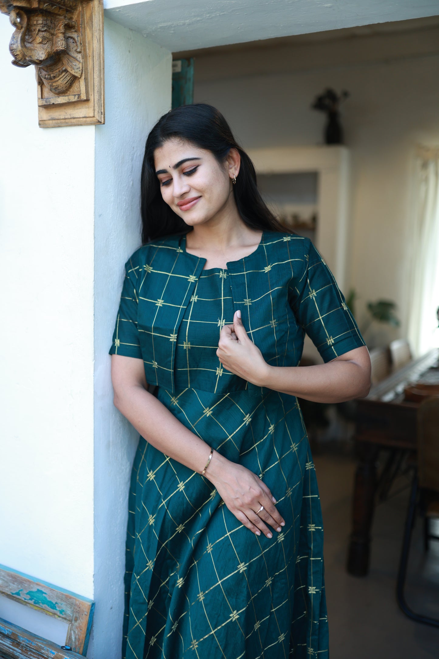 Green-Festive Raw Silk Maxi with Detachable Overcoat FC0180