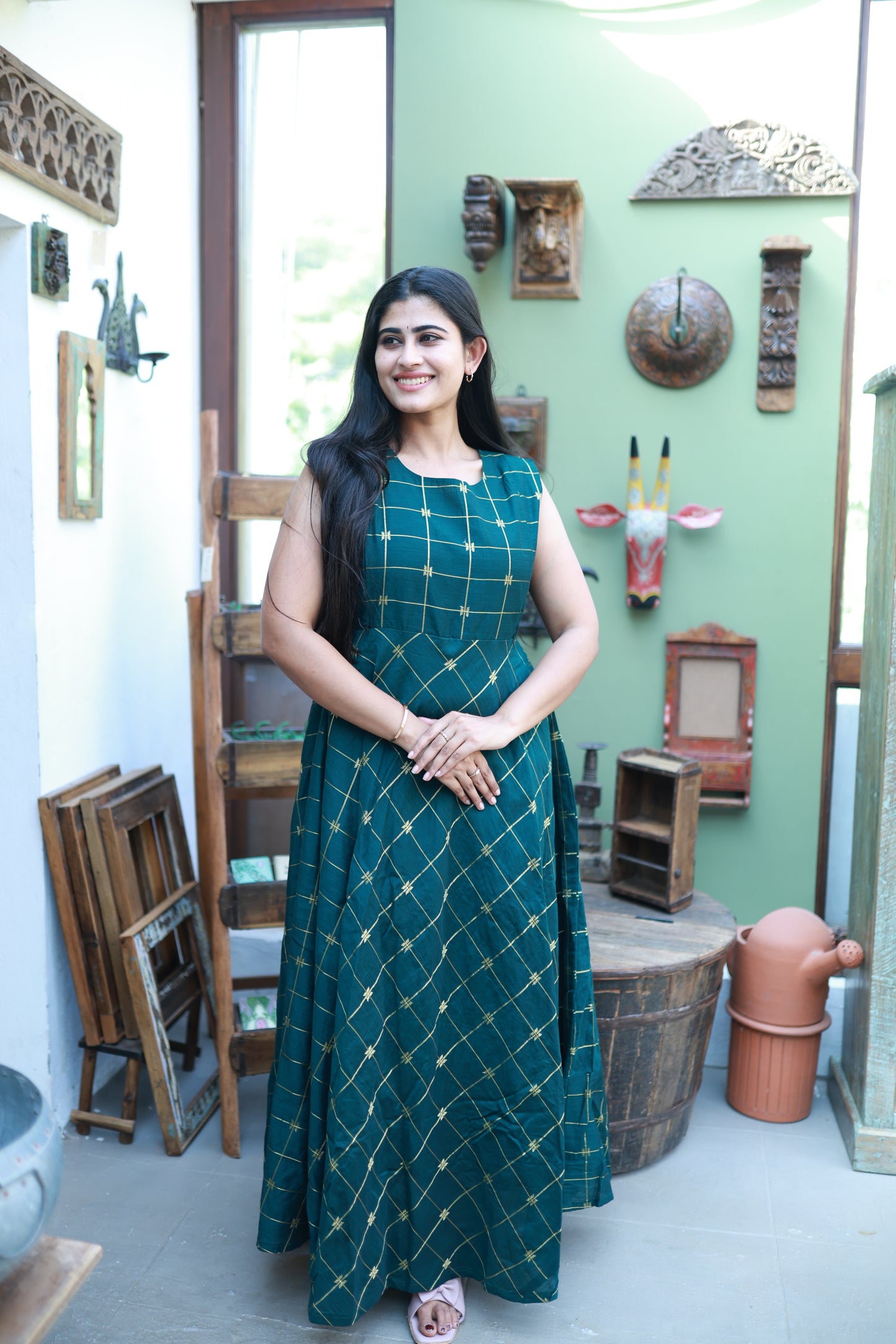 Green-Festive Raw Silk Maxi with Detachable Overcoat FC0180