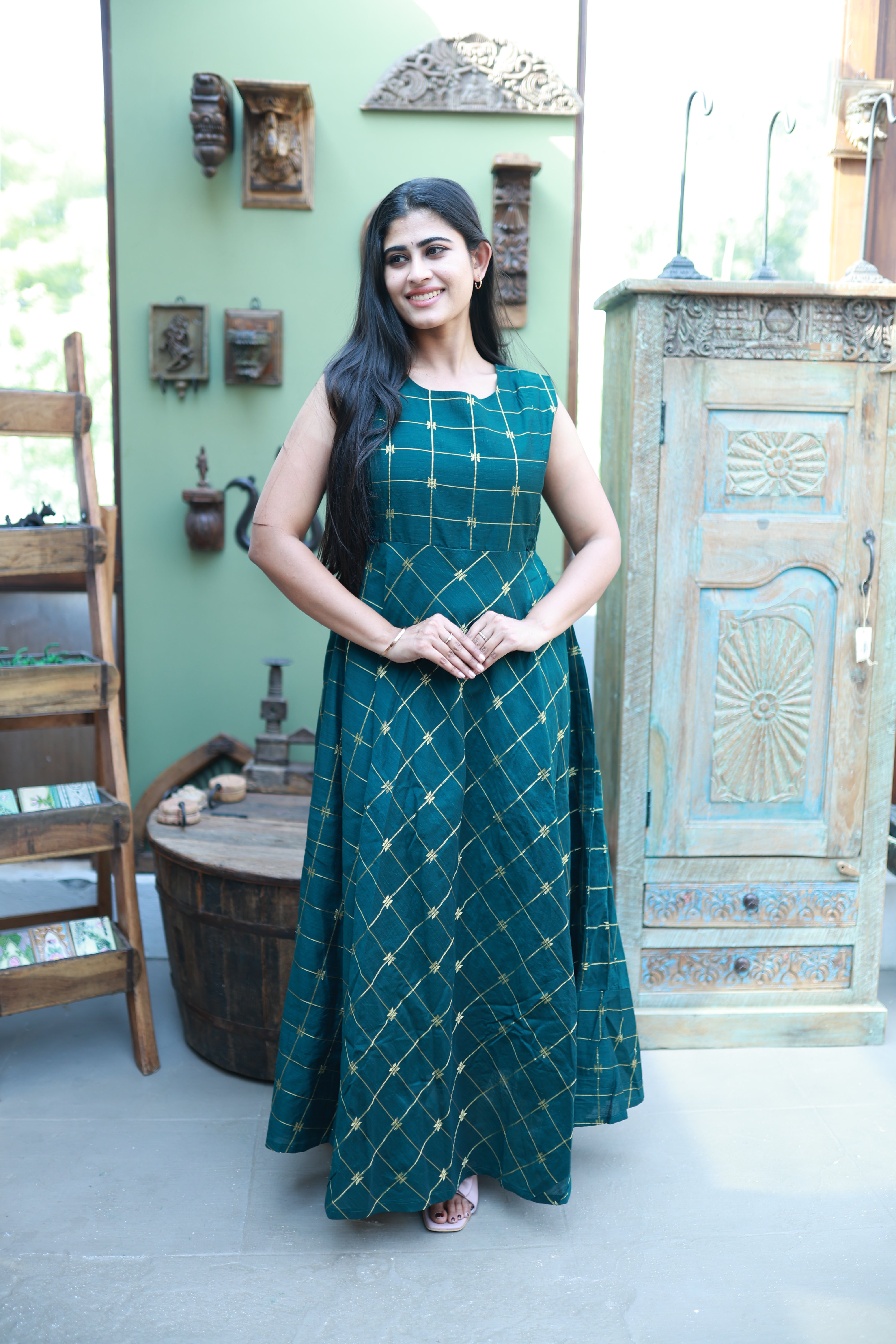Green-Festive Raw Silk Maxi with Detachable Overcoat- Feeding/Non Feeding