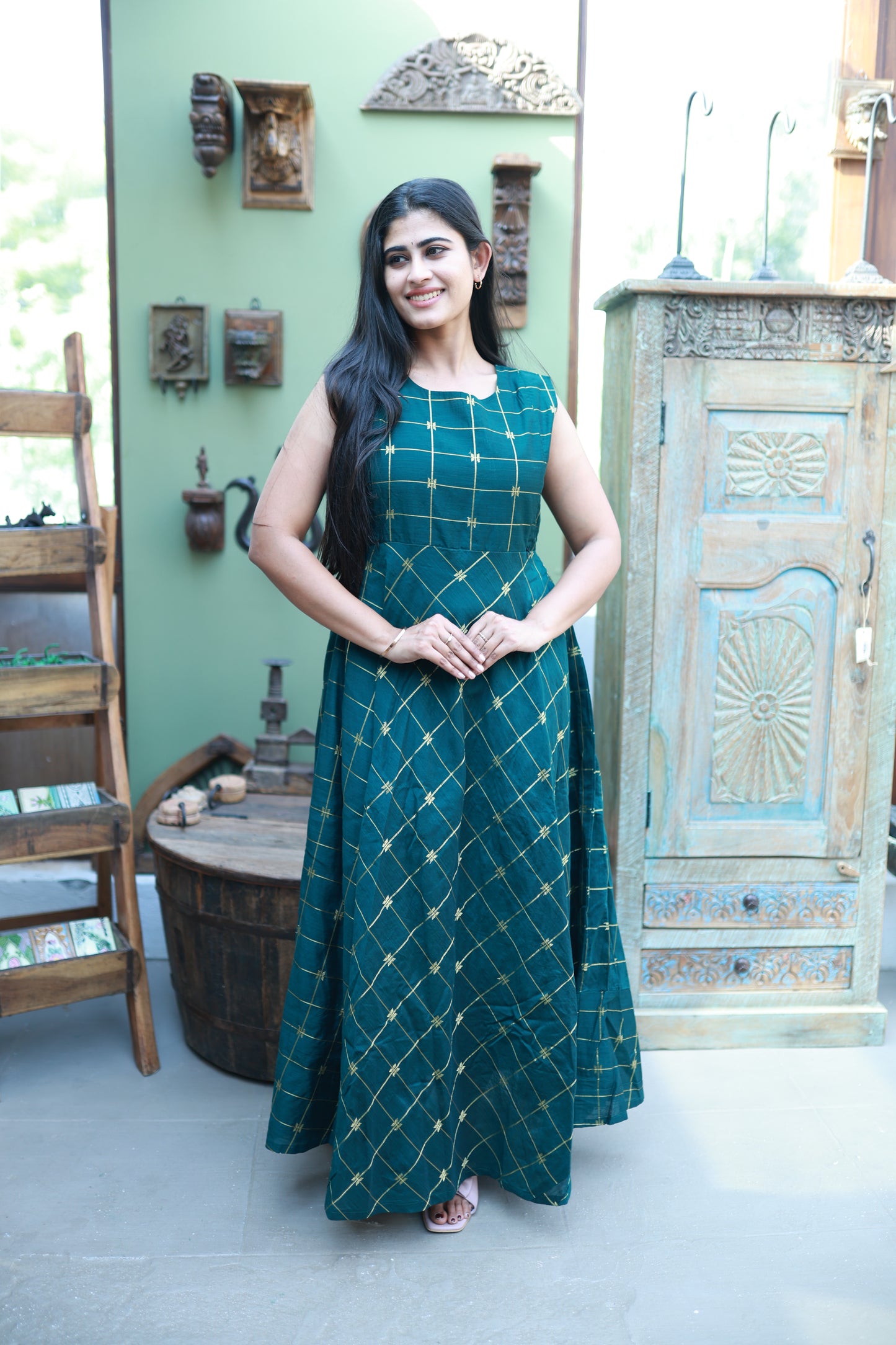 Green-Festive Raw Silk Maxi with Detachable Overcoat FC0180