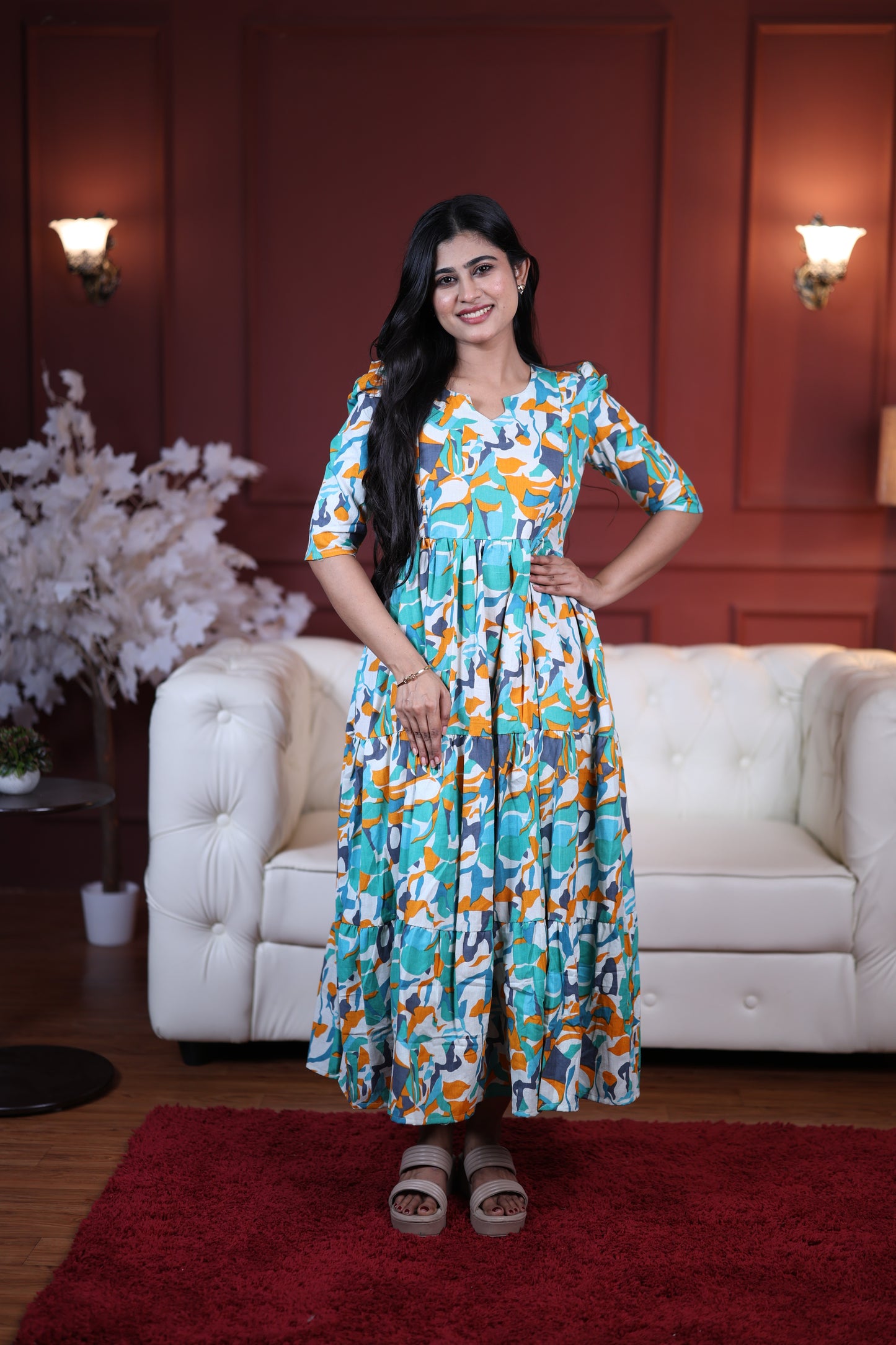 Premium Cotton Printed 3-Tier Maxi Dress | Size M-3XL | Feeding/Non-Feeding