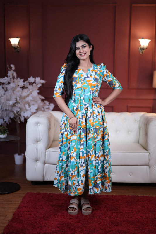 Premium Cotton Printed 3-Tier Maxi Dress | Size M-3XL | Feeding/Non-Feeding