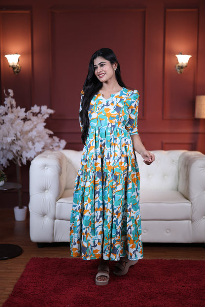Premium Cotton Printed 3-Tier Maxi Dress | Size M-3XL | Feeding/Non-Feeding