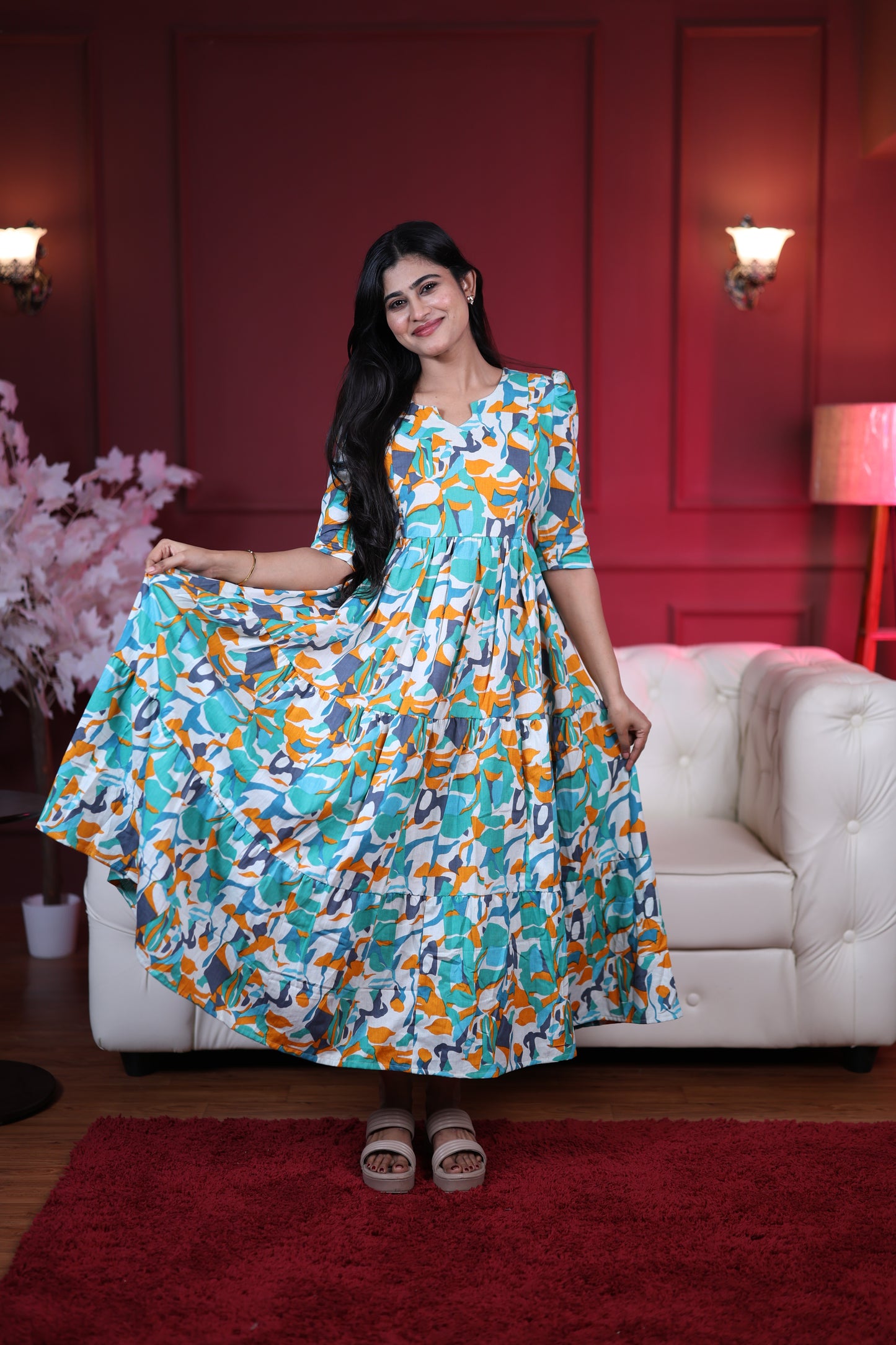 Premium Cotton Printed 3-Tier Maxi Dress | Size M-3XL | Feeding/Non-Feeding