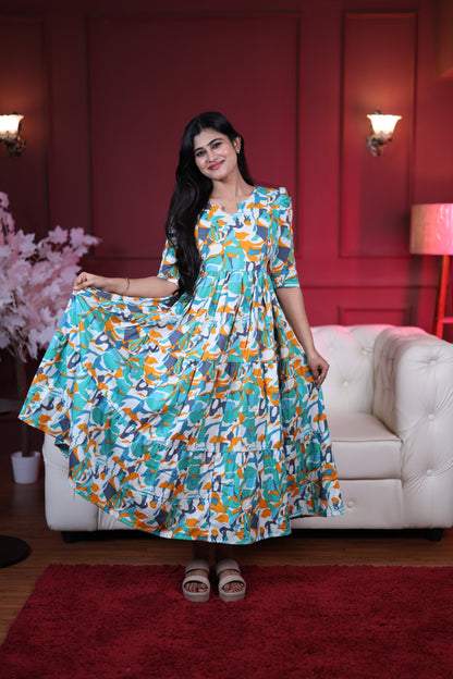 Premium Cotton Printed 3-Tier Maxi Dress | Size M-3XL | Feeding/Non-Feeding